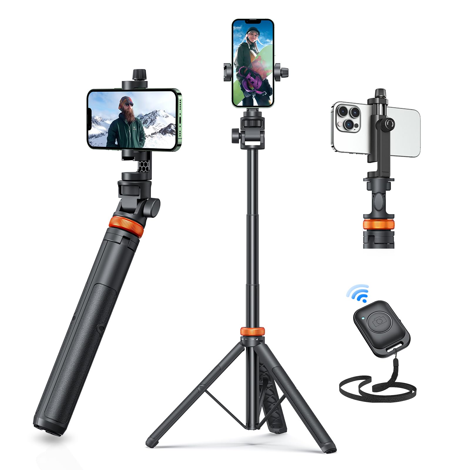 Eucos 62" Phone Tripod, Tripod For Iphone & Selfie Stick Tripod With Remote, Extendable Phone Tripod Stand & Travel Tripod, Solidest Cell Phone Tripod Compatible With Iphone/Android