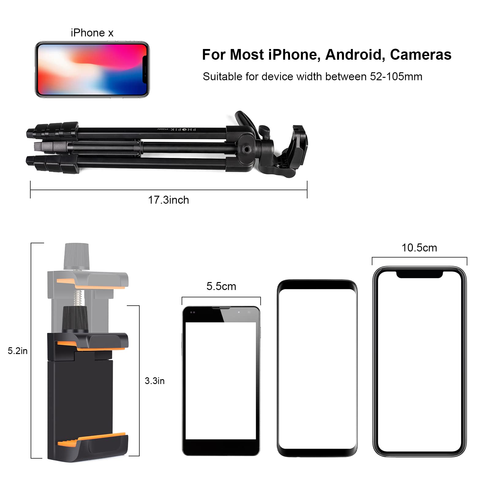 Phopik 55" Phone Tripod, Aluminum Extendable Tripod Stand With Shutter, Carrying Bag, Compatible With Iphone/Android/Sport Camera&Insta 360 X5 Perfect For Video Recording/Selfies/Live Stream/Vlogging