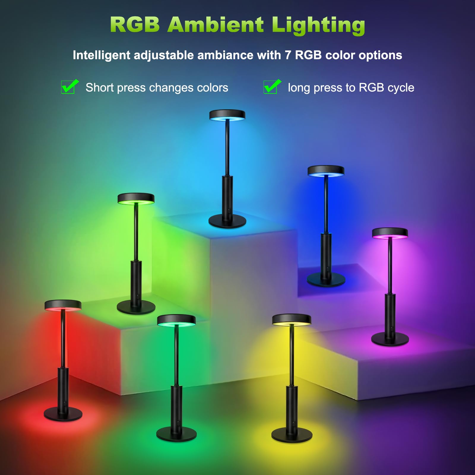 Wowag 2 Pack Small Cordless Table Lamps Rechargeable,5000Mah Battery Operated Portable Desk Lamp,3 Colors & Rgb Stepless Dimmable Wireless Touch Lamps For Restaurant Home Dinner Dining Patio(Black)