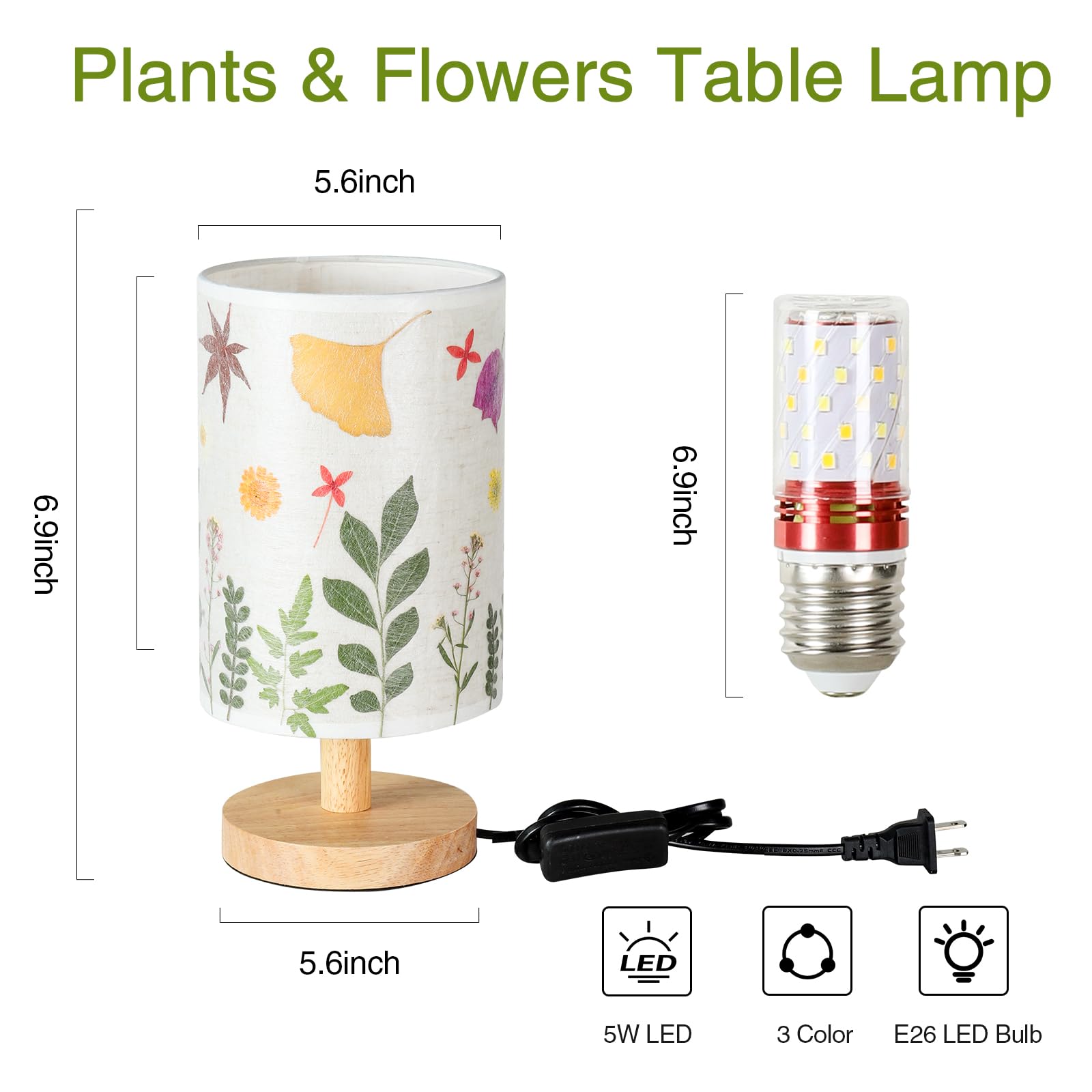 Floresita Pressed Flowers Table Lamp 5W Led 3Color Temperatures Dried Flower Bedside Lamp Linen Shade With Wood Base For Bedroom Living Room Desk Office