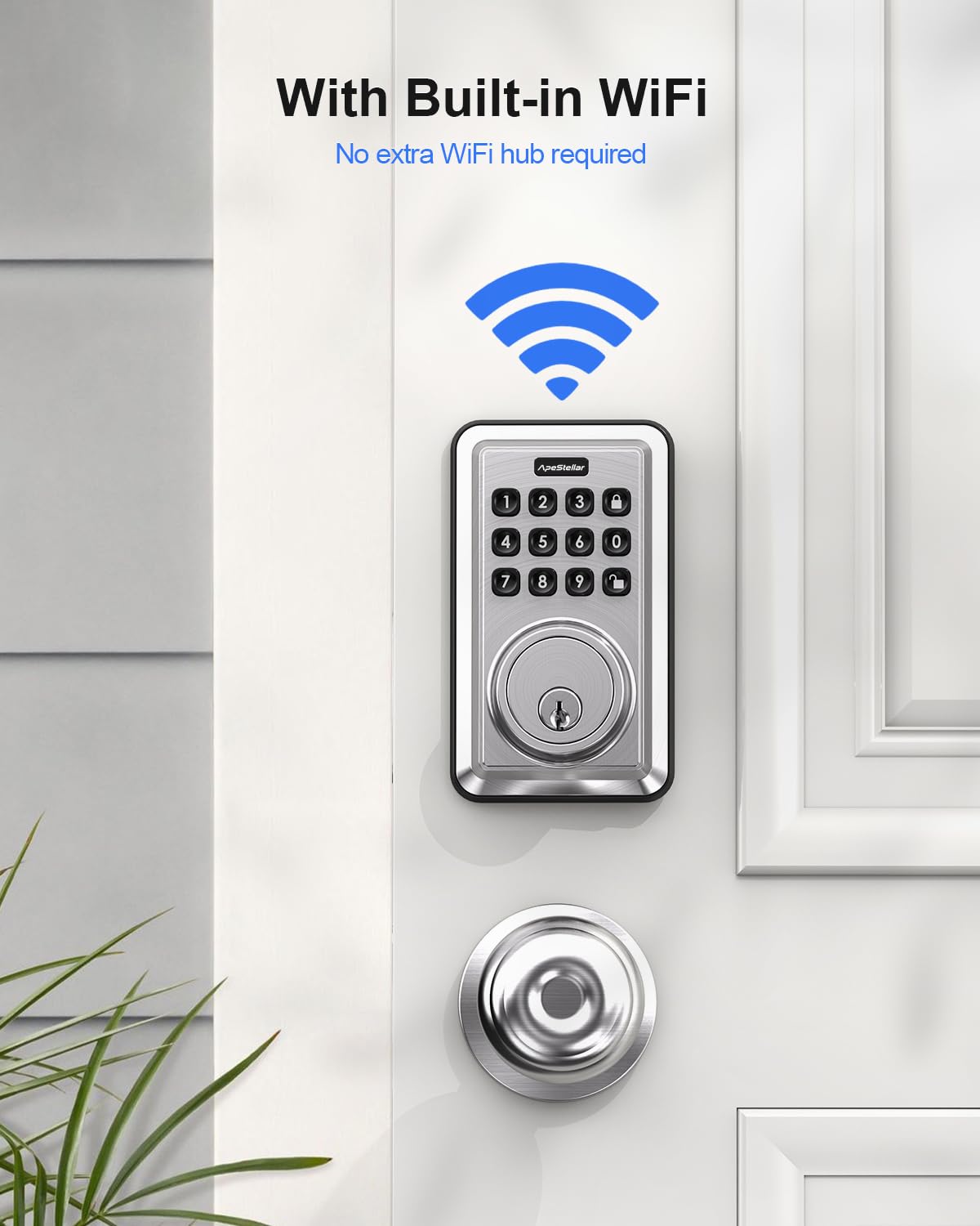 Apestellar Smart Door Lock, Built-In Wifi Keyless Entry Door Lock Deadbolt With App Remote Control, No Hub Required Deadbolt Lock, Easy Installation For Front Door-Satin Nickel