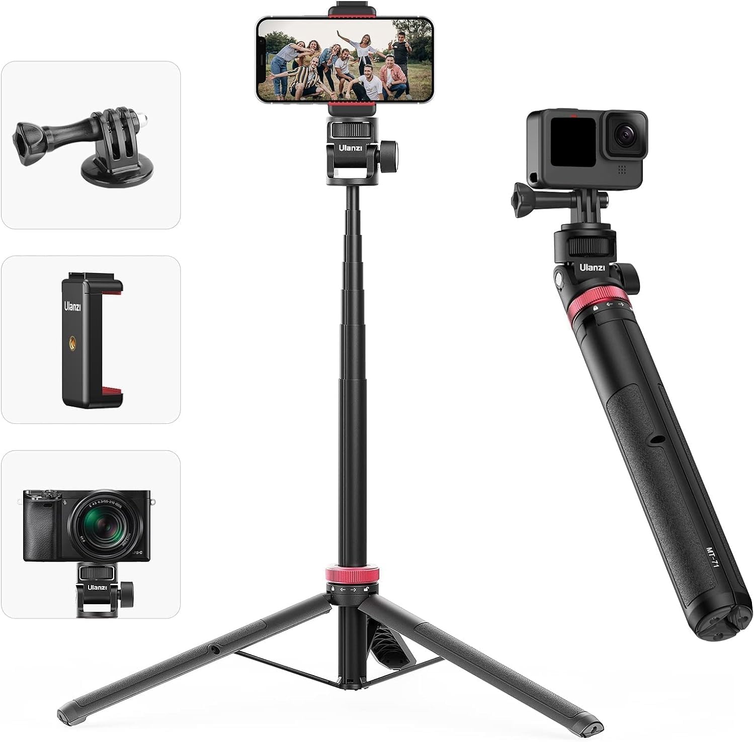 Uurig 57.48 Inch Extendable Selfie Stick Phone Tripod For Action Camera W Smartphone Clamp Extension Pole, For Gopro For Sony Canon Vlogging Cams For Iphone 14 13 Pro Max Ulanzi Mt-71