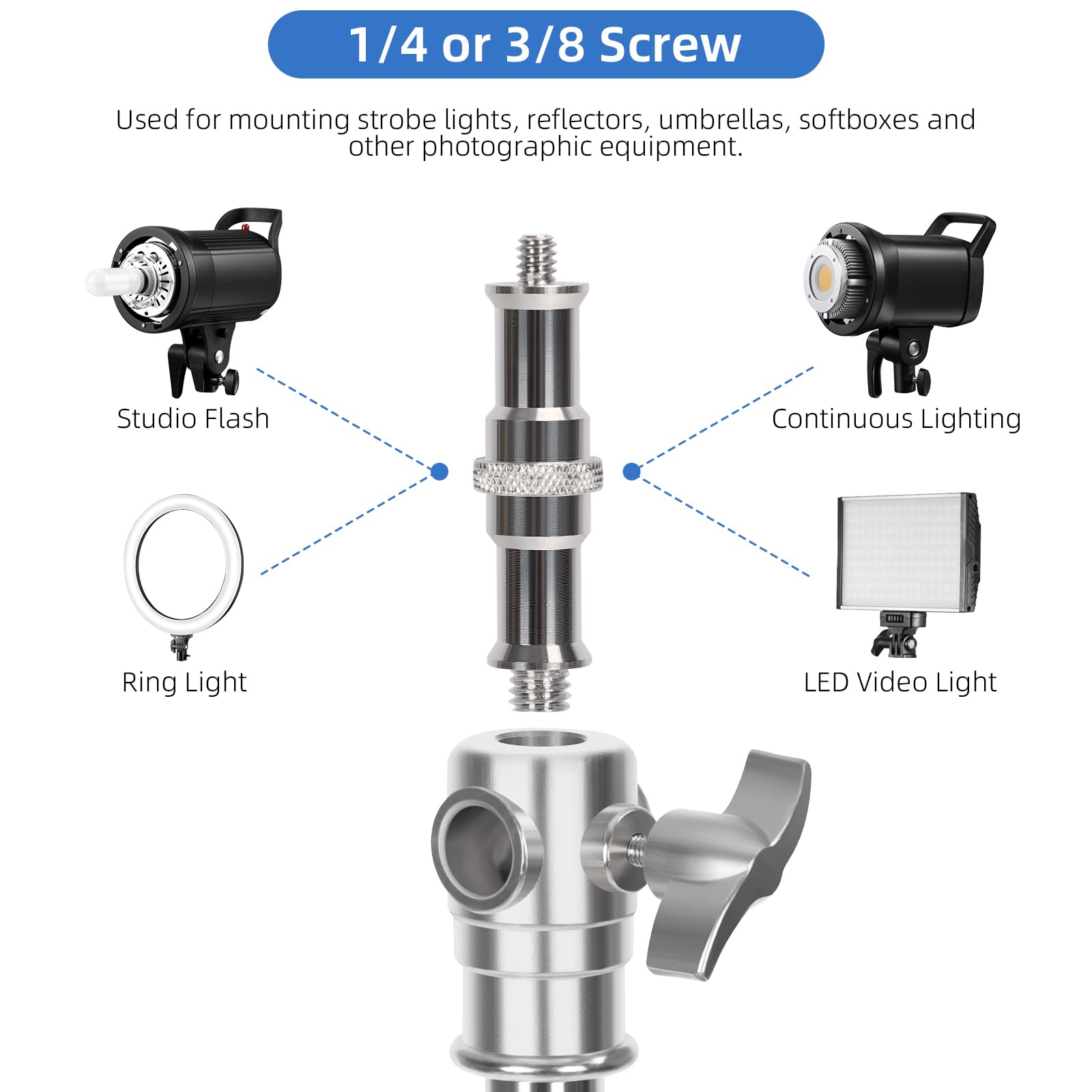 Gltire Stainless Steel Photography Light Stand 13Ft / 4M, Spring Cushioned Heavy Duty Tripod Stand With 1/4”To 3/8”Screw Adapter For Strobe, Led Video Light, Ring Light, Monolight, Softbox