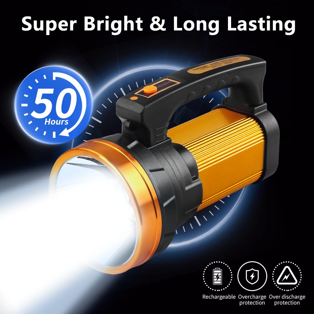Kinqilin Super Bright Flashlight 800,000Lm 6800Mah Handheld Spotlight,50H Long Lasting Rechargeable Spotlight Ip67 Waterproof Bright Flashlight Lightweight For Camping Hiking Boating(Aluminium Head Ring)