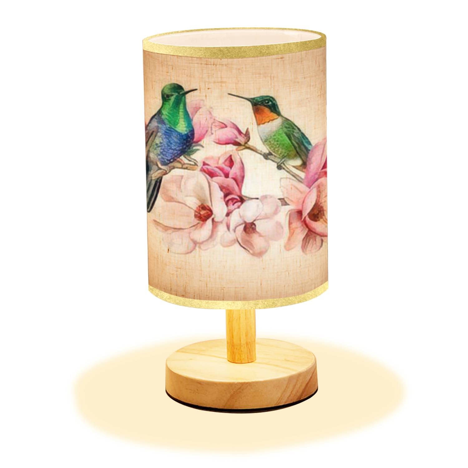 Lopyeijfg Minimalist Bedside Table Lamp Hummingbirds Sitting On A Flowering Branch Of Magnolia Exotic Birds Wood Nightstand Desk Base Flaxen Fabric Shade For Bedroom Living Room, 5.5X11Inch