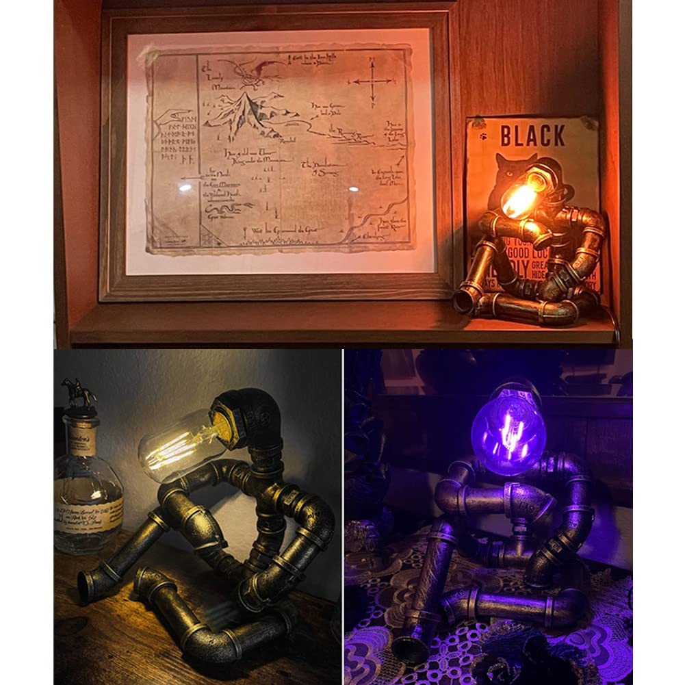 Pupery Steampunk Table Robot Lamps With 2 Bulbs,Retro Industrial Robot Desk Lamps Water Pipe Light For Office,Bedroom,Living Room In Bronze