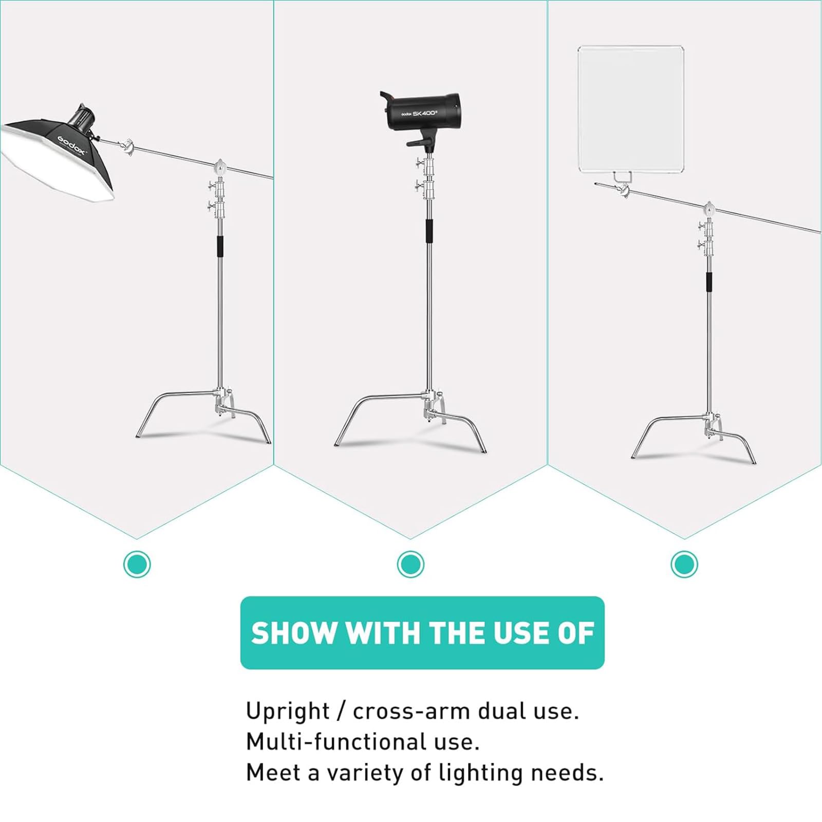 Lapgood Stainless Steel Heavy Duty C-Stand With Boom Arm,10.8Ft/330Cm Adjustable Photography Stand With 4.2Ft/128Cm Holding Arm,2 Grip Head,Sandbag,Storage Bag For Studio Monolight, Softbox, Reflector
