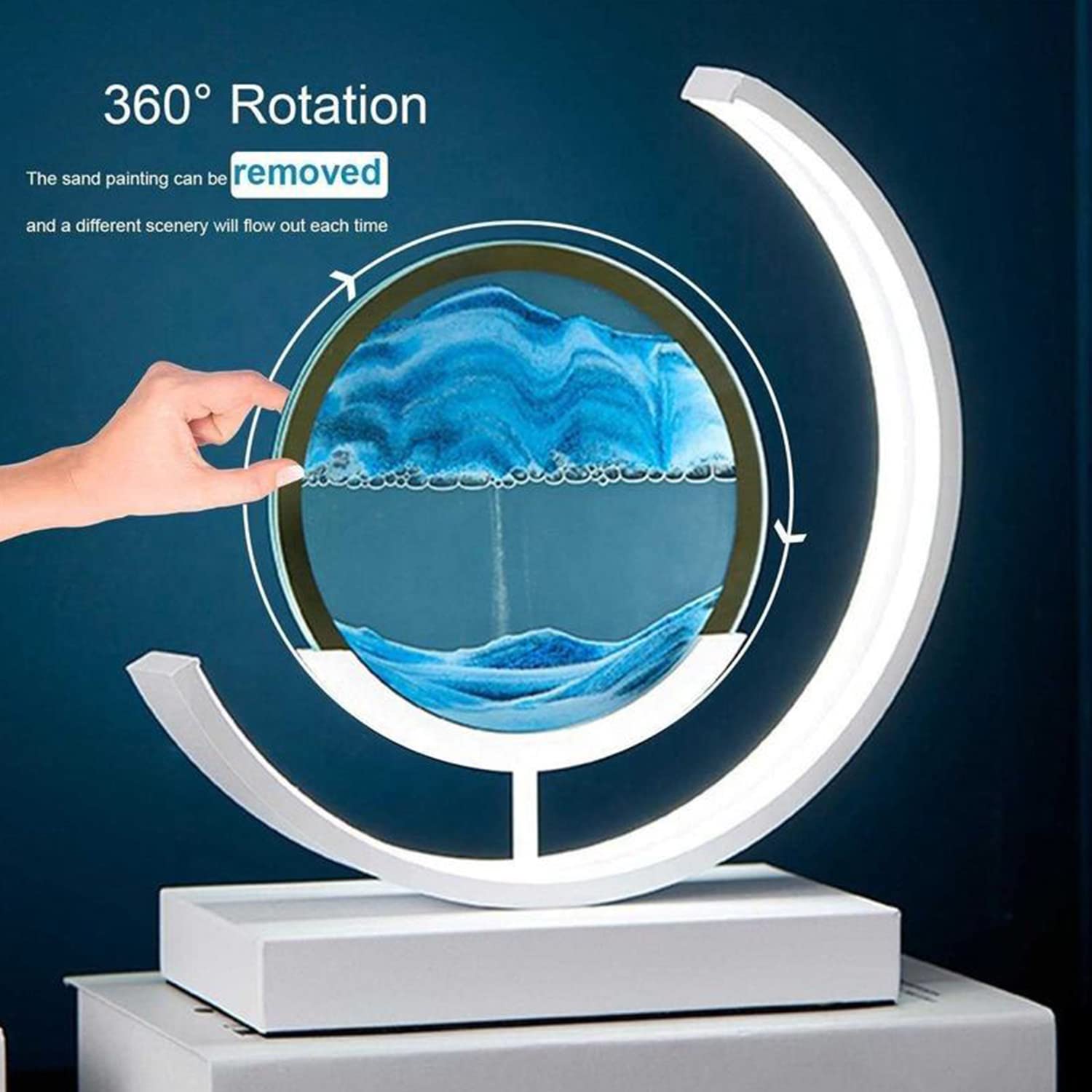 Heuanpte Moving Sand Art Table Lamp - 3D Round Picture With 3 Colors And Stand - Relaxing Desktop Home Office Decor