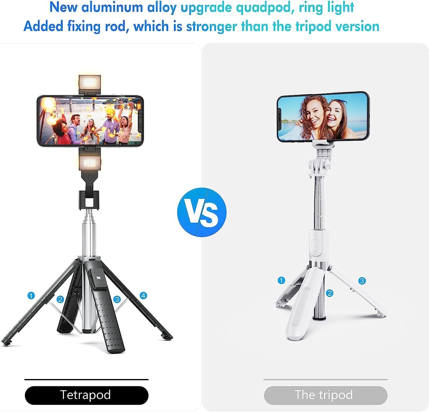 Sanyaa 41” Selfie Stick Tripod Quadrapod With 2 Rechargeable Fill Light, Extendable Tripod With Bluetooth Remote, Stainless Steel, 3 Light Modes, 9 Brightness Levels, Compatible For All Iphone & Android