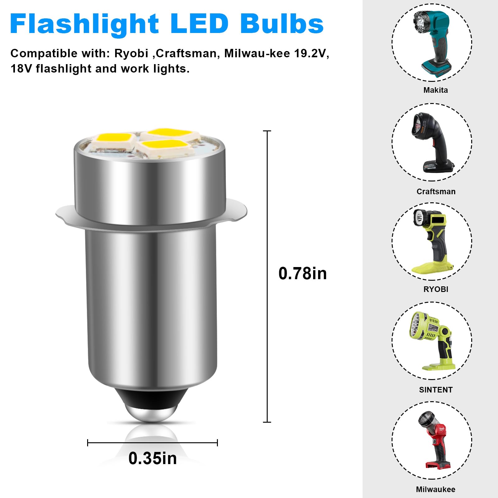 Ro6G Led Flashlight Bulb For Ryobi Craftsman Milwau-Kee Flashlight Replacement 18V 19.2V Work Light Maglit Bulbs - 6 Pack