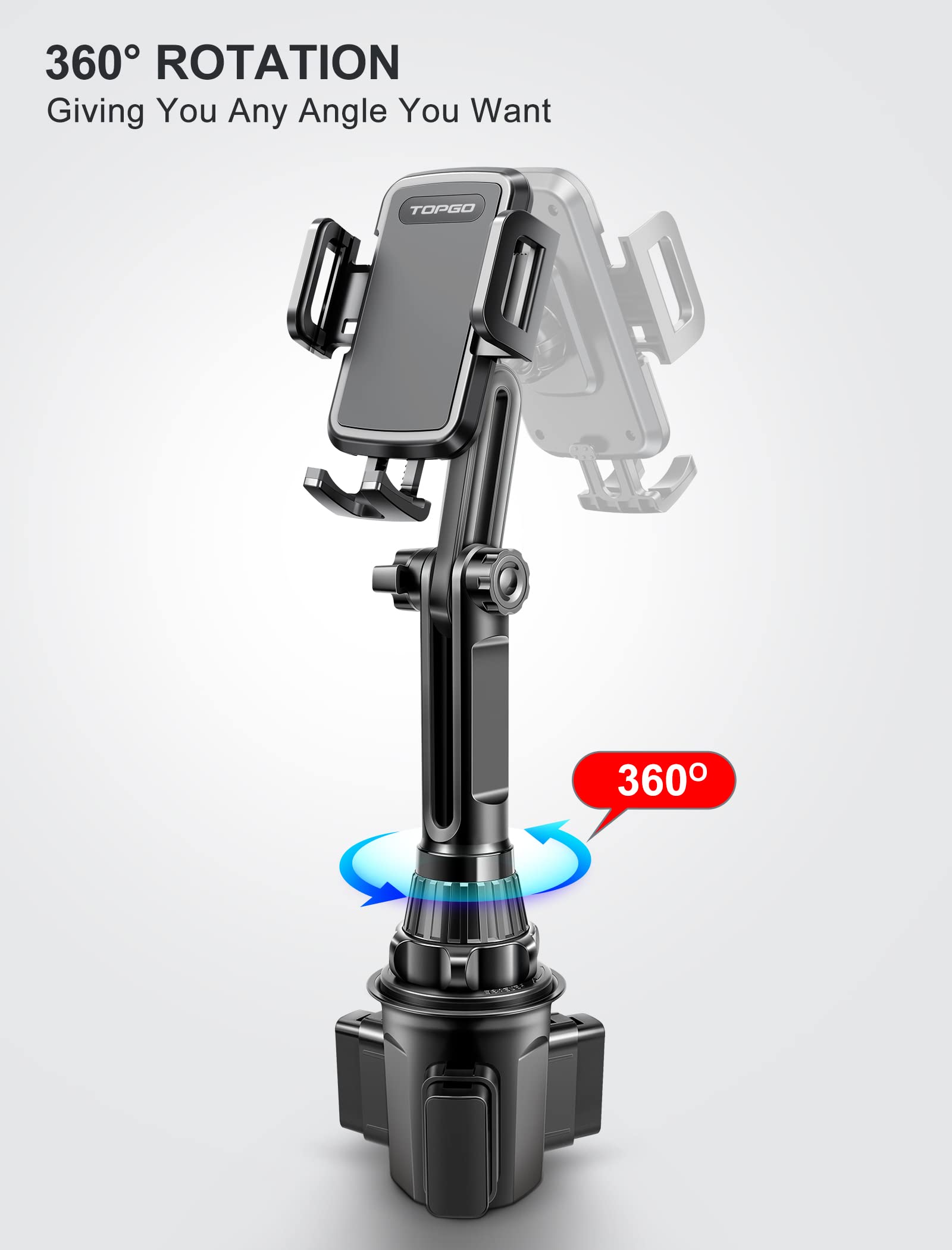 Topgo Cup Phone Mount, [Height-Adjustable Pole & Non-Shaking] Cup Phone Holder For Car, Cell Phone Cradle For Iphone 16 And All 4.0-7.0 Inches Smartphone - Black