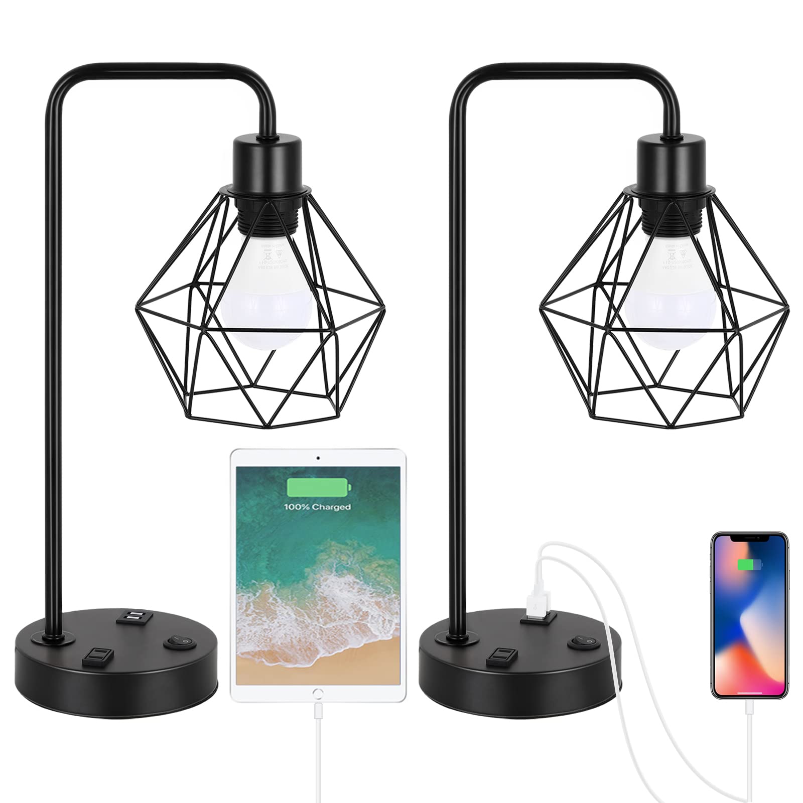 Bty Industrial Table Lamps Set Of 2 Vintage Desk Lamp Metal Cage Nightstand Bedside Lamp With Dual Usb Charging Ports And Ac Outlet For Bedroom Living Room Office (Black)