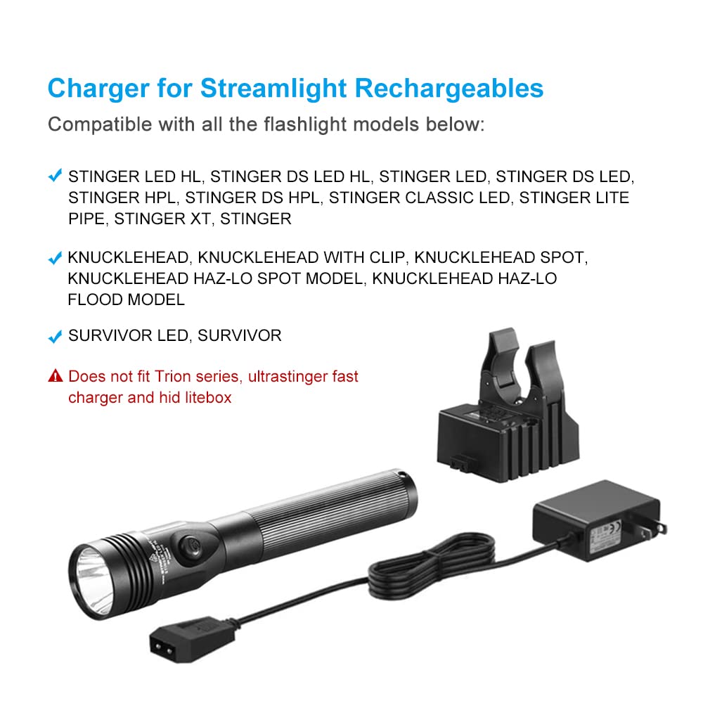 Bensn Flashlight Base Charger Power Cord Compatible With Streamlight Stinger Hp Ds Hpl Classic Xt Series, Strion Led Hl, Survivos, Litebox, Kuncklehad