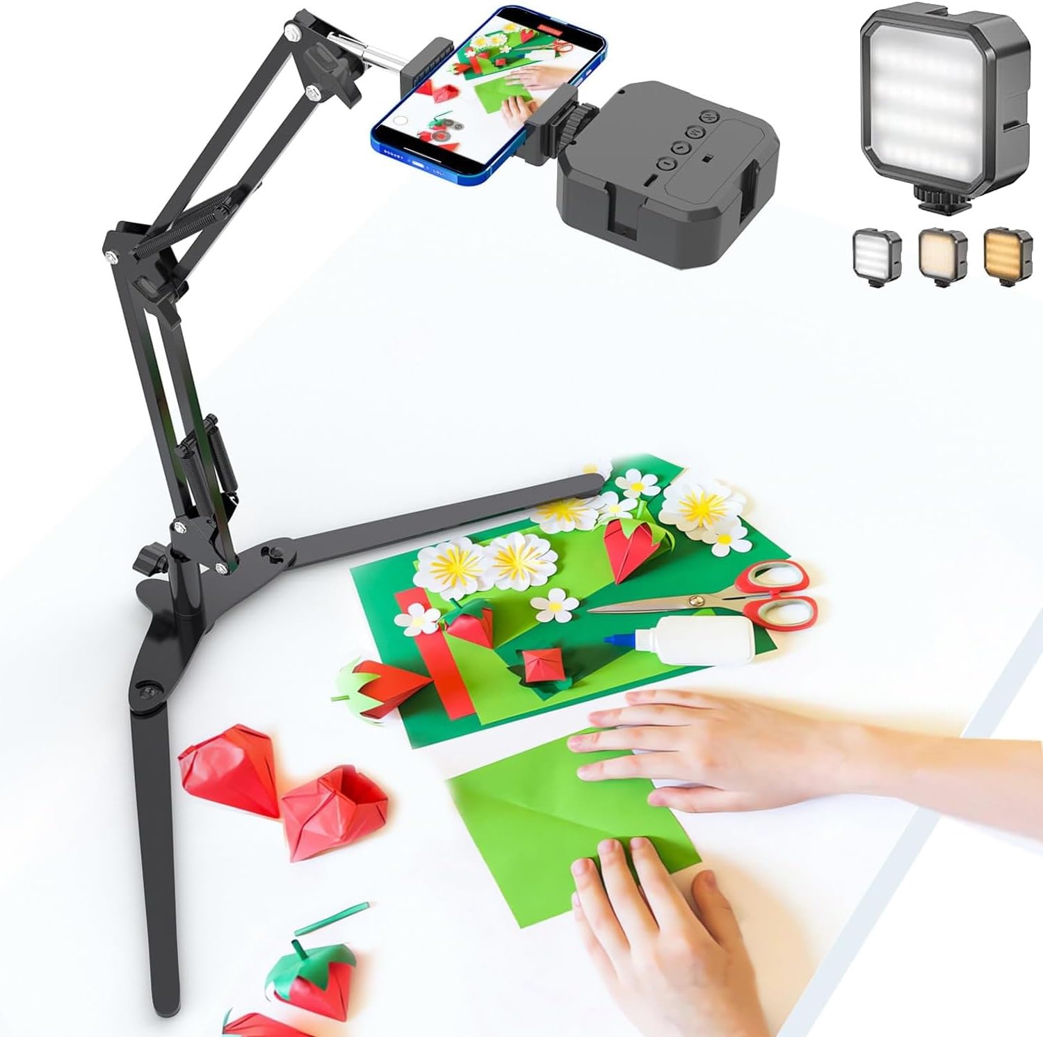 Mlsac Overhead Phone Mount With Led Light, Phone Stand For Recording, Adjustable Tabletop Stand For Live Streaming Online Video And Food Crafting Demo Drawing Sketching (Mc-01)