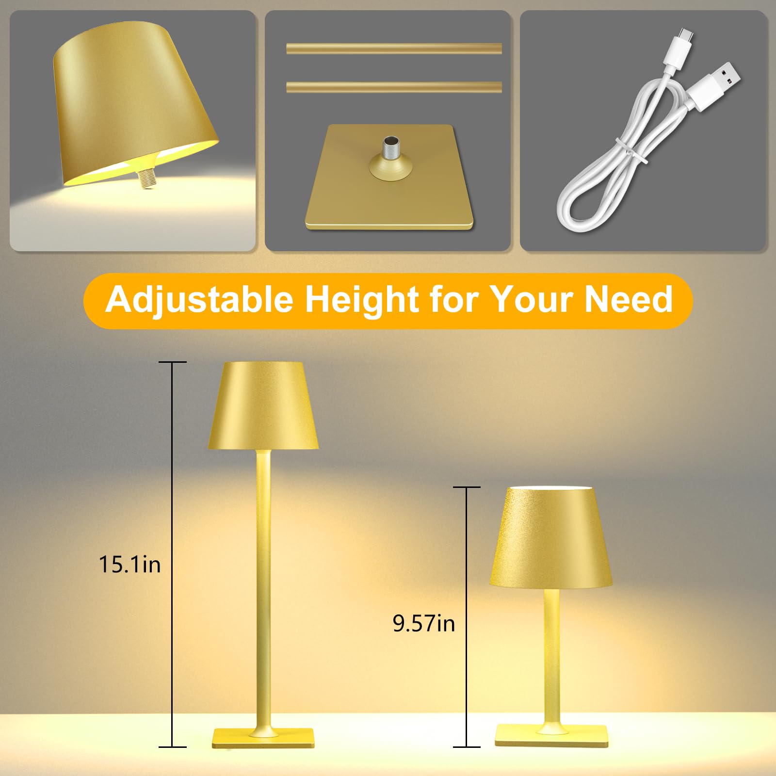 Fenfud 2 Pack Gold Cordless Table Lamp: 6000Mah Battery Operated Touch Lamp Outdoor Table Lights, 3 Color Stepless Dimming, Waterproof Wireless Portable Desk Lamp For Indoor Table Living Room Camping Cafe