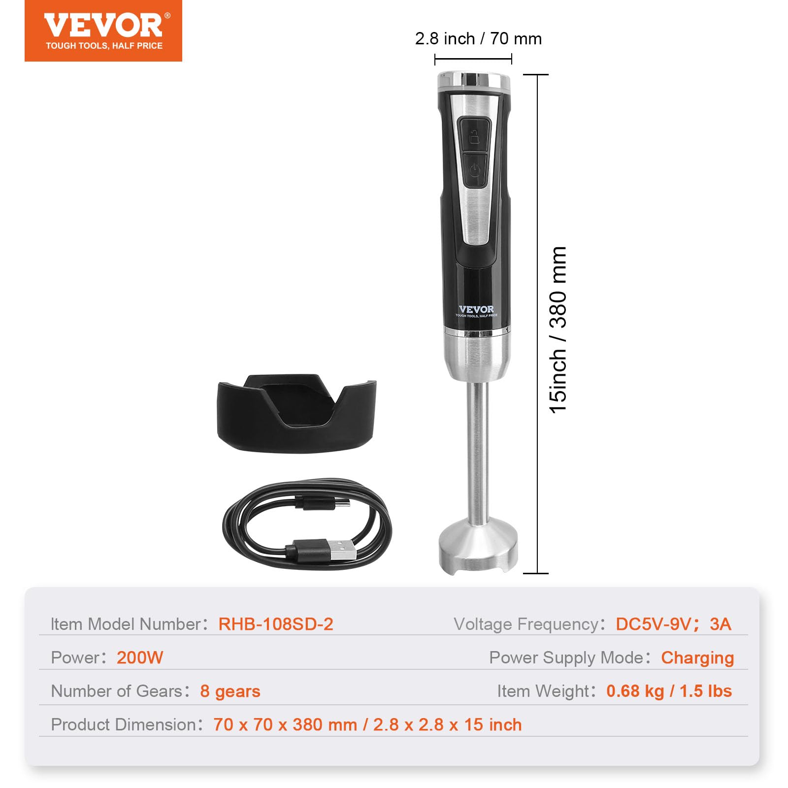 Vevor Hand Blender, 8 Variable Speeds Immersion Blender, Stainless Steel Blade Copper Motor Hand Mixer, Usb Charging Cable Multi-Purpose Easy Control Grip Stick Mixer
