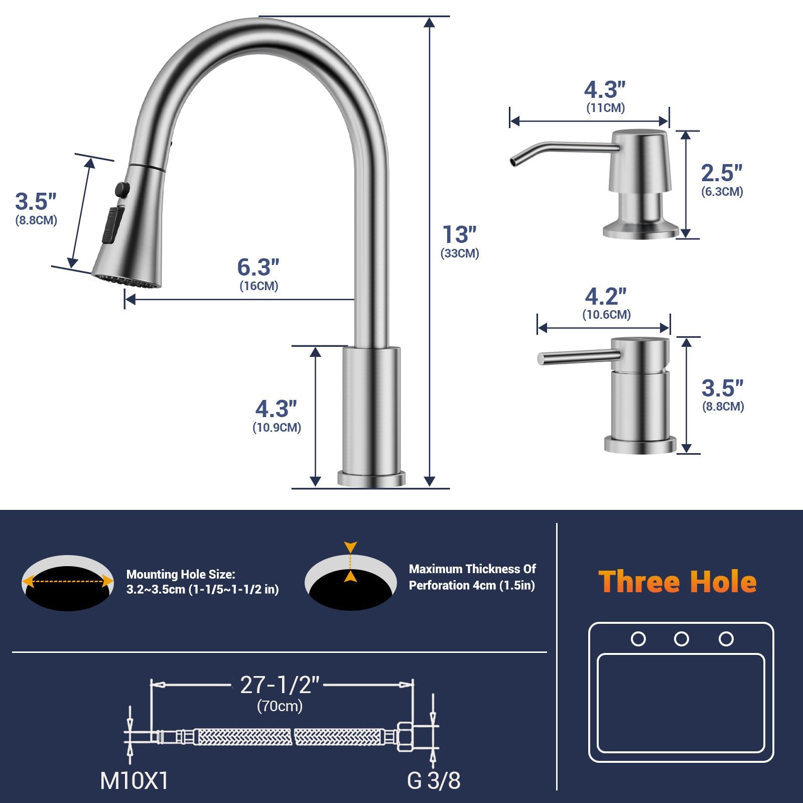 Blylund 3 Hole Kitchen Faucets With Soap Dispenser, Brushed Nickel Kitchen Faucet With Pull Down Sprayer 3 Modes Stainless Steel Side Single Handle Modern Sink Faucets
