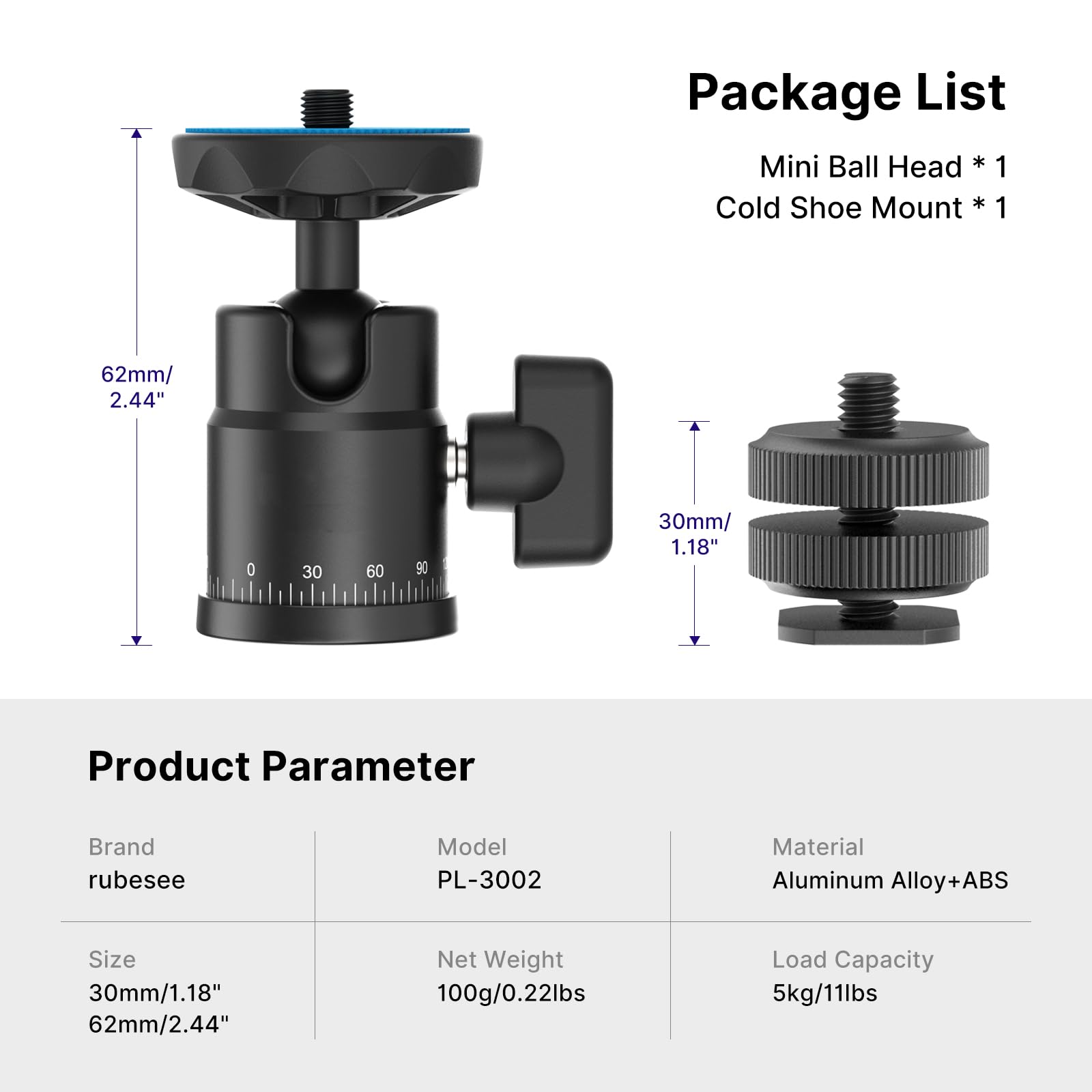 Rubesee Mini Ball Head, Panoramic Camera Tripod Head With 1/4" Screw Shoe Mount, 360 Rotatable Metal Adapter For Dslr Camera Tripods Monopods Camcorder Light Microphone Photography, Max Load 5.5Lbs