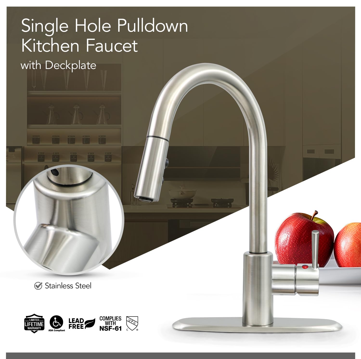 Highcraft Kitchen Faucet With Pull Down Sprayer, High Arc Kitchen Sink Faucet Single Handle For 1 Hole Or 3 Hole, Single Hole Faucet Integrated Supply Lines Included (Stainless Steel)