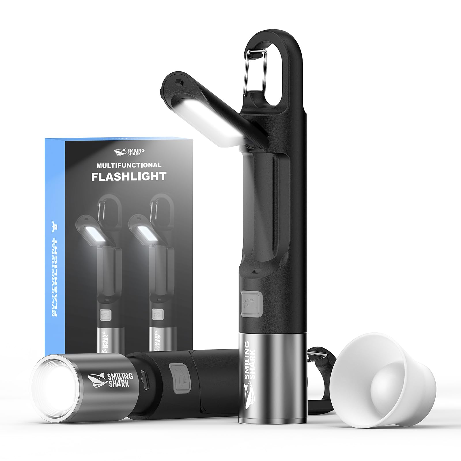 Smiling Shark Led Flashlight, G2 2 Pack Small Flashlights Powerful Rechargeable With Cob Sidelight & Hook And Diffuser 3 Mode Zoomable Multi Functional Camping Flash Light For Outdoor/Emergency, Black