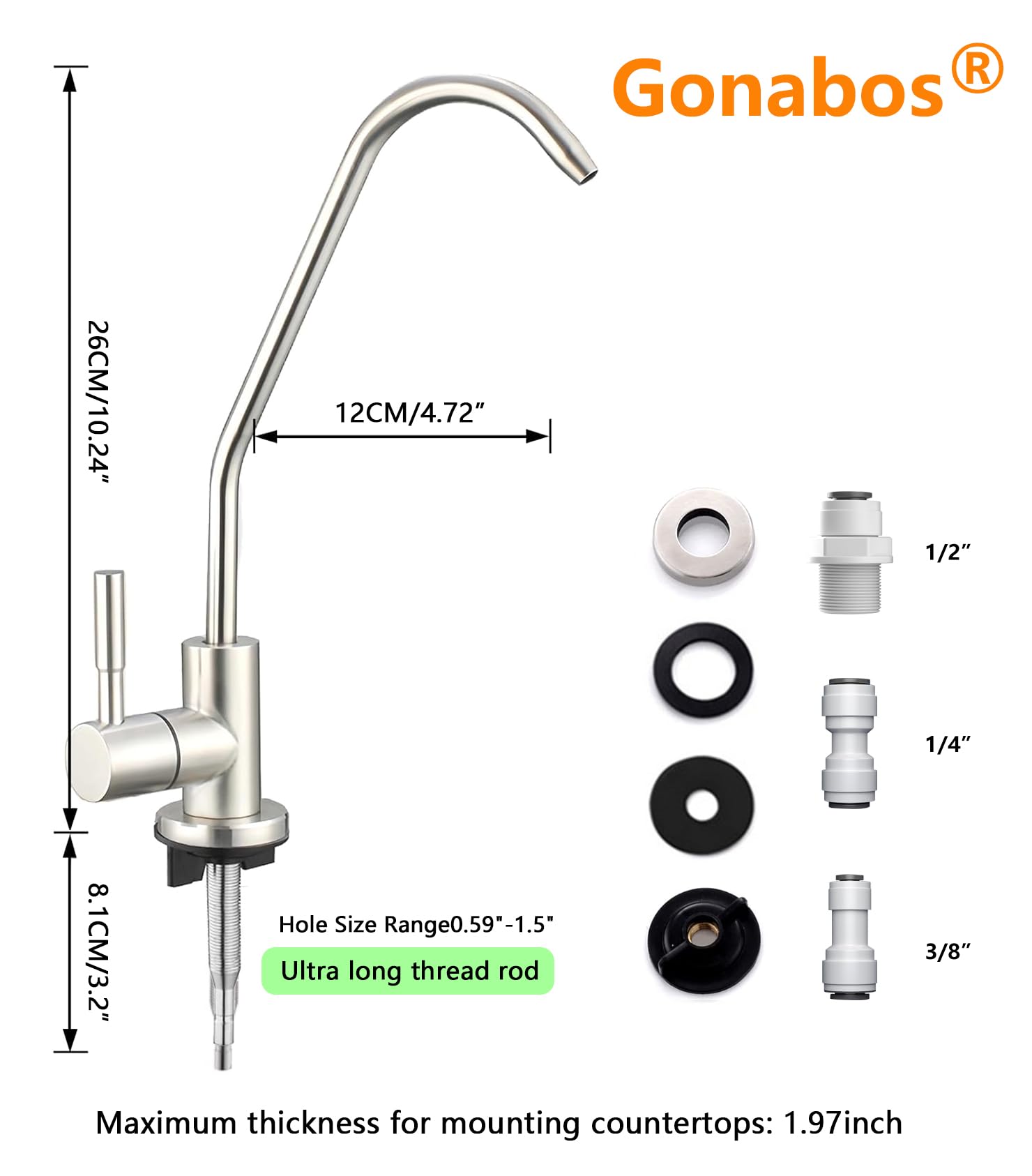 Gonabos Drinking Water Faucet For Kitchen,100% Lead- Reverse Osmosis Faucets,Brushed Nickel Sus304 Stainless Steel Kitchen Filtered Water Faucets,Ro Faucet With Longer Thread Pipe