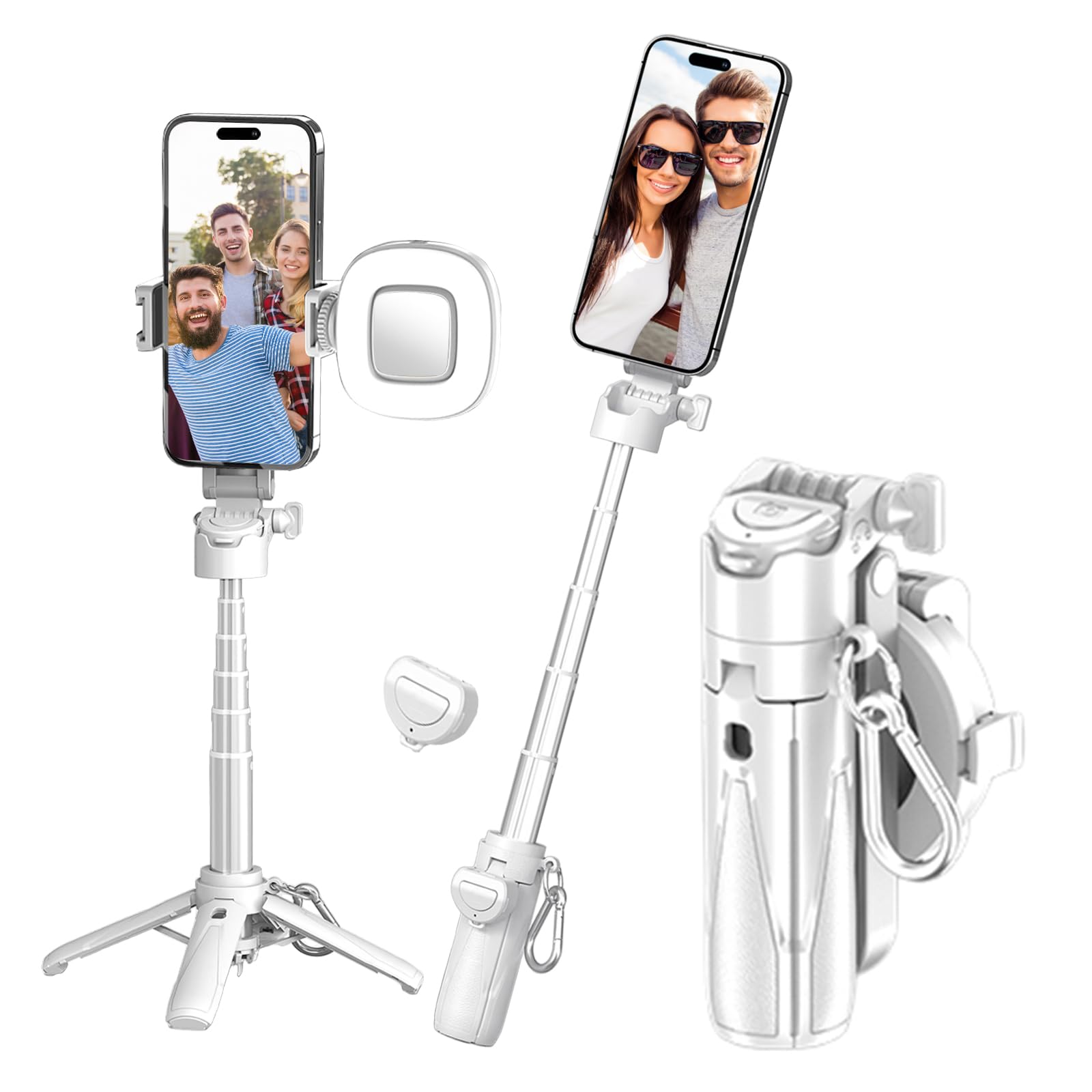 Crideng Magnetic Selfie-Stick Tripod, Travel Tripod Stand With Remote Control & Fill Light, Portable Retractable Cell Phone Holder For Photography And Videography (White With Light)