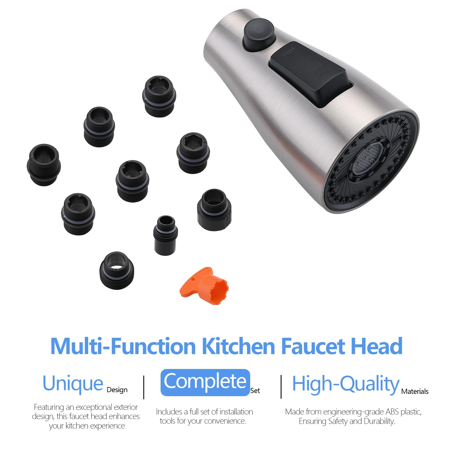 Dlymtrx Kitchen Faucet Head Replacement With 9 Adapters, 3-Function Spray Nozzle, Pull-Down Sink Sprayer Compatible With Delta, Kohler, Moen Faucets, Brushed Nickel