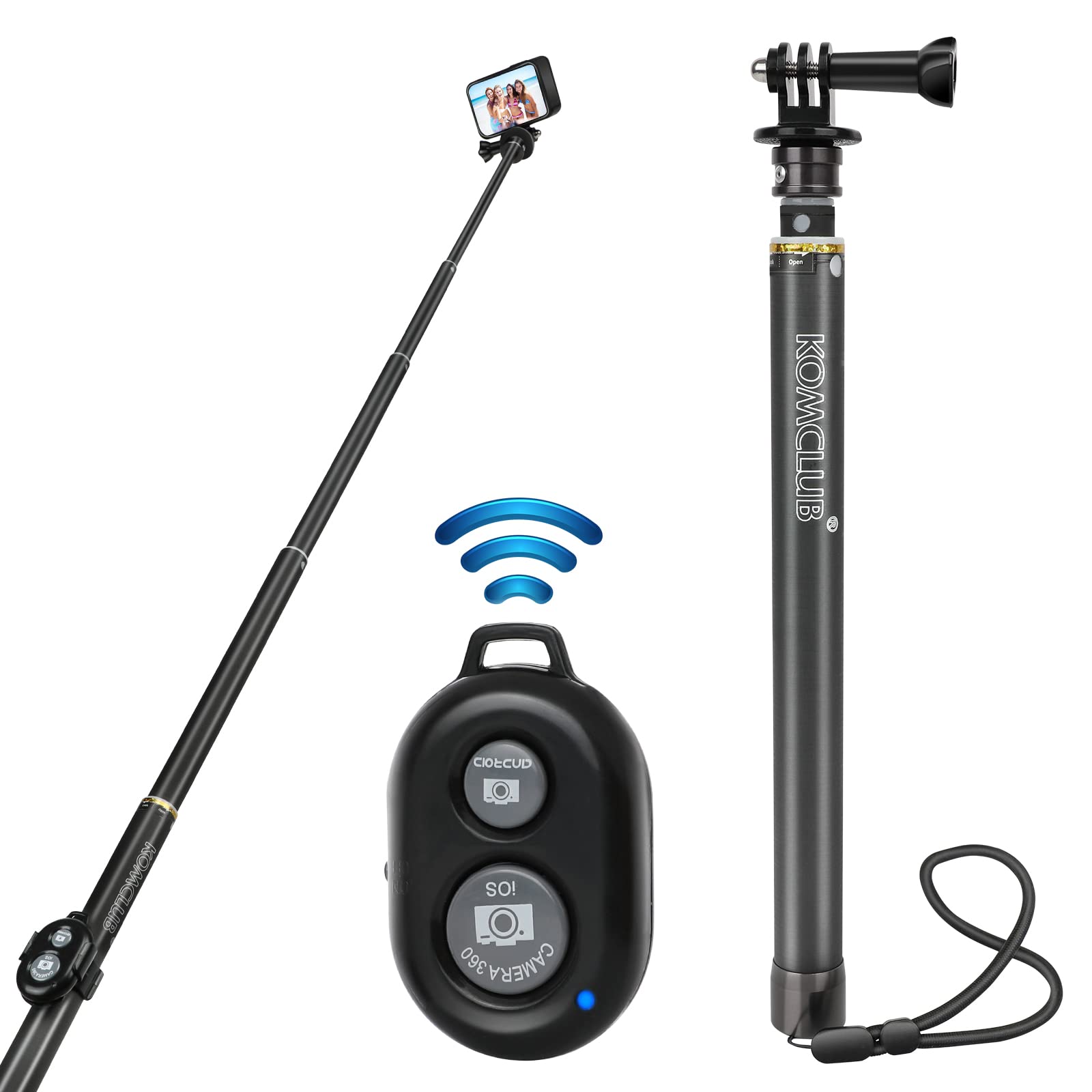 Komclub Monopod Selfie Stick,42 Inch Telescoping Selfie Stick Extendable Poles With Remote Aluminum Tube Stick Adjustable 5 Stage With Hand Strip Portable Selfie Stick Travel Accessories