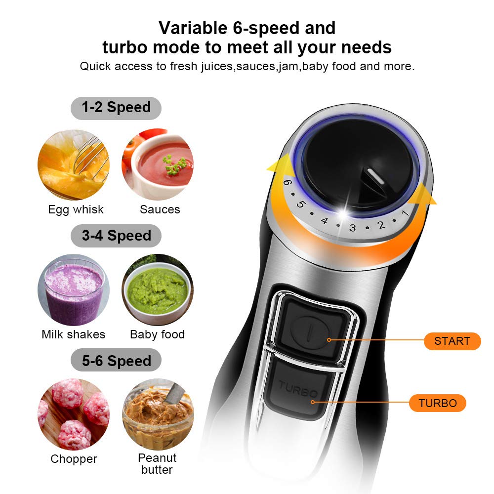 Byhip Immersion Blender 4 In 1 Hand Blender 800W Heavy Duty Motor, 15 Speed And Turbo Handheld Blender Stainless Steel Blade With 800Ml Mixing Beaker, 500Ml Chopper, Whisk And Milk Frother (Silver)