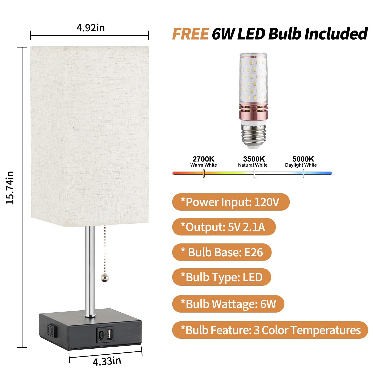 Woderdeng 3-Color Table Lamp For Bedrooms, Bedside Lamps With Usb C+A Ports And Ac Outlet, 2700/3500/5000K Pull Chain Nightstand Lamp,Desk Lamps For Home Office,Living Room