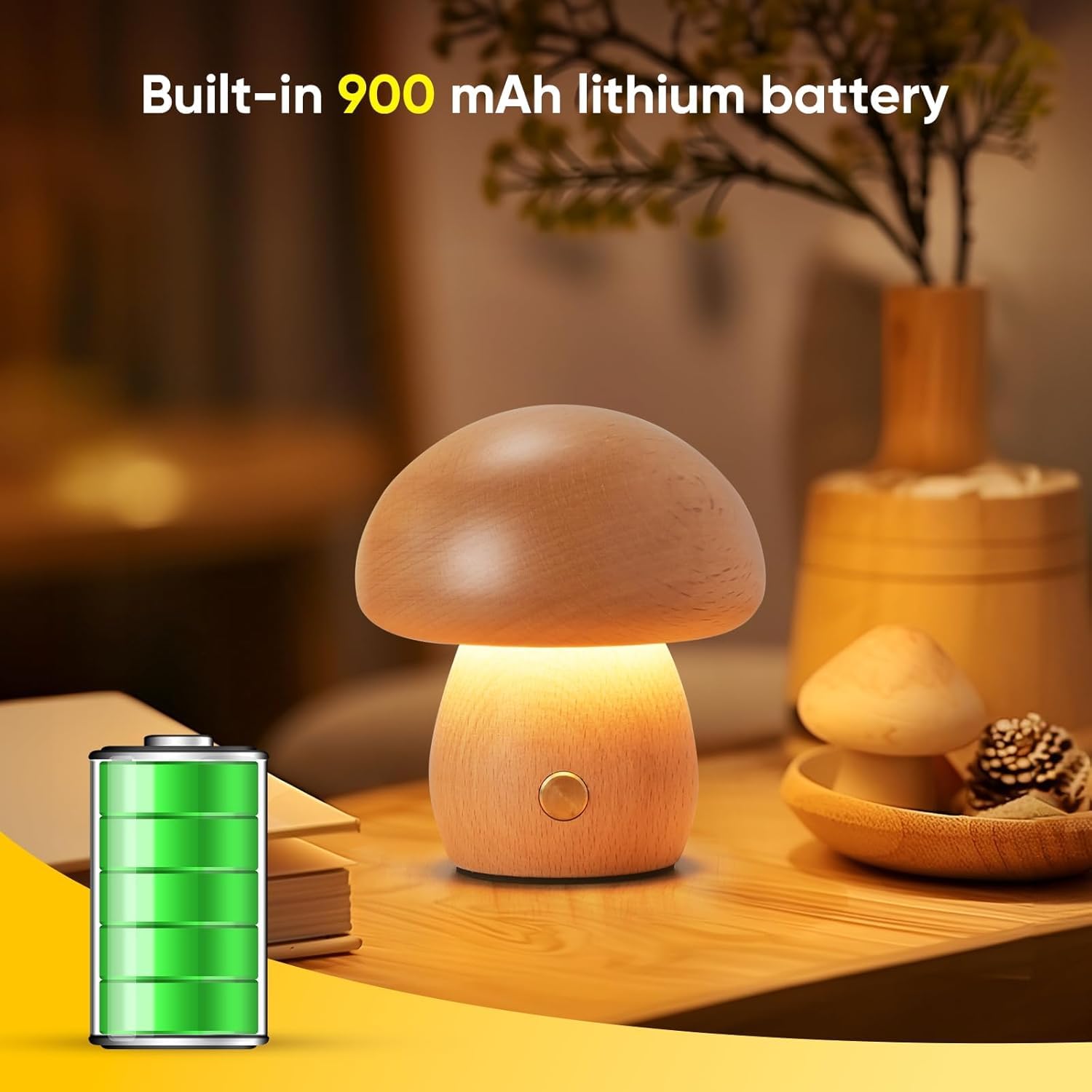 Yieonshion Led Creative Wooden Mushroom Lamp Desk Lamp, Creative Home Decoration Bedroom Bedside Night Light Dimmable, Unique And Minimalist For Girls