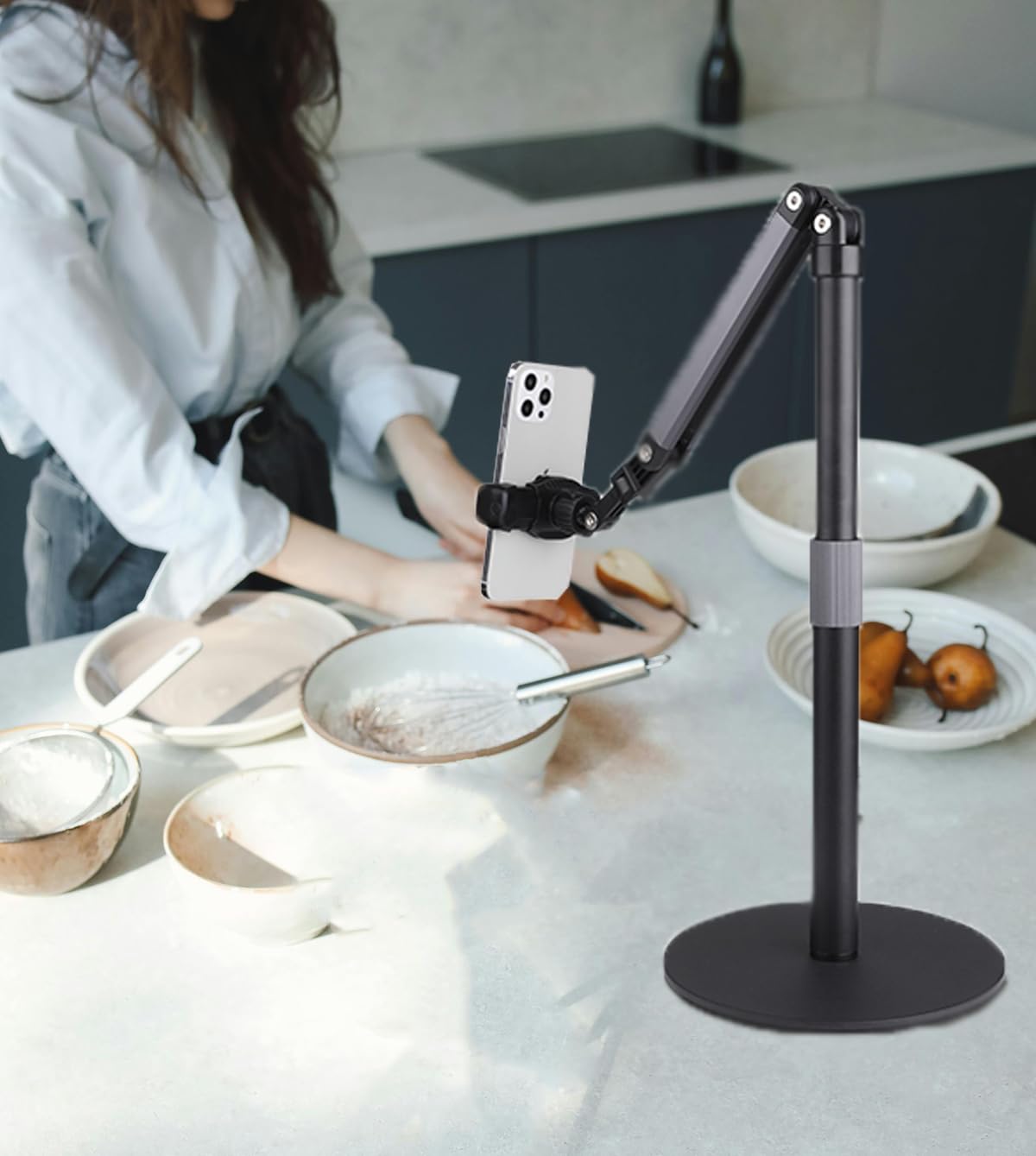 Hocoder Heavy Duty Overhead Phone Stand For Desk Video Recording For Iphone Holder, With Extension Arm, 360° Swivel, For Filming, Meeting, Cooking, Painting And Crafting