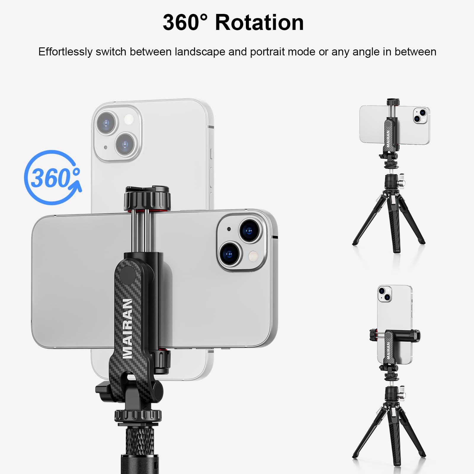 Mairan Phone Tripod Mount,Universal Smartphone Holder Adapter With Dual Cold Shoe Mounts, 1/4" Standard Screw 360° Rotation Adjustable Clip For Iphone, Android Cell Phone, Selfie Stick, Camera Stand