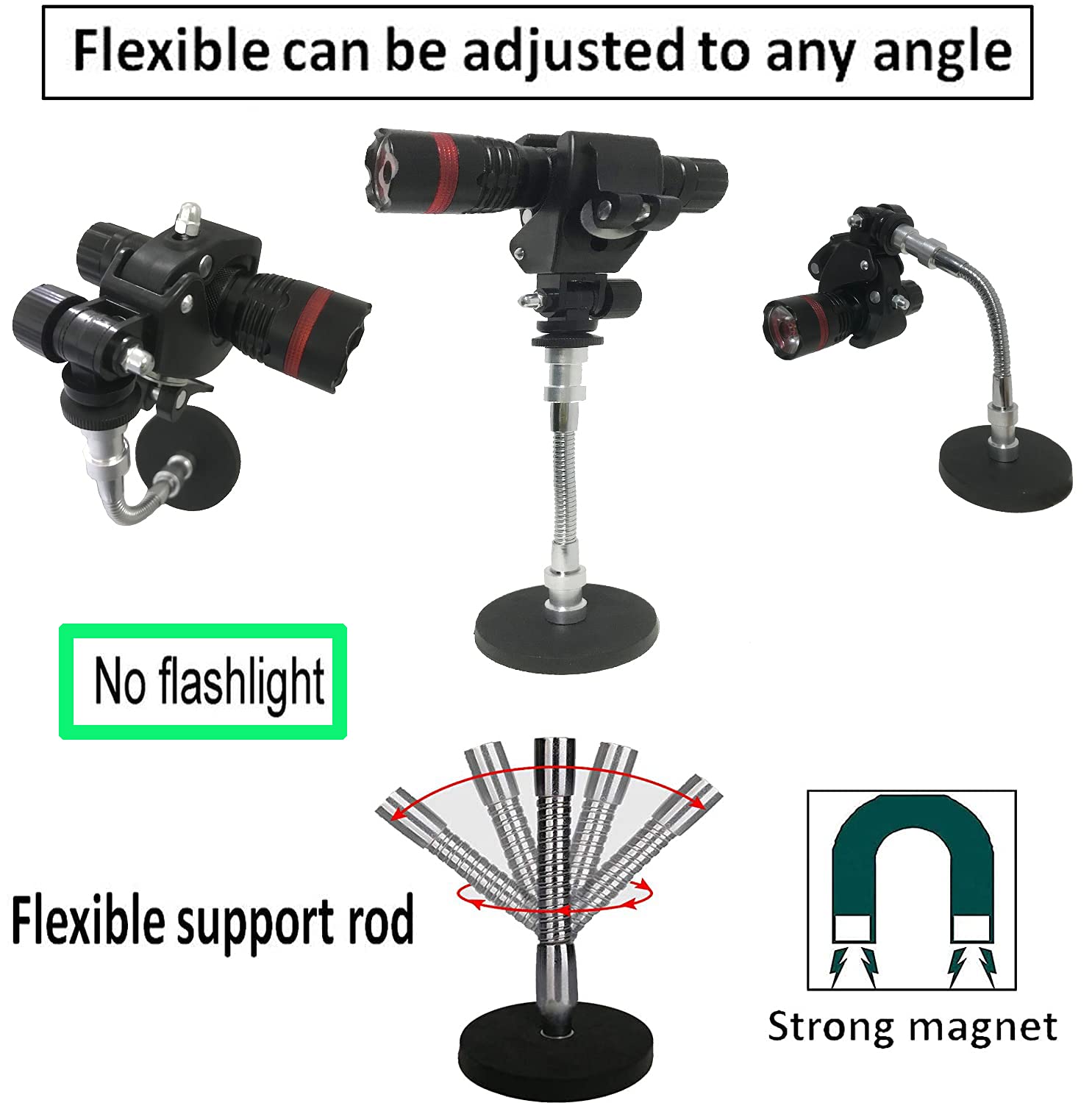 Pmsanzay Magnetic Base Mount Flashlight Mounting Brackets Flashlight Holder - Strong Magnet Base - With Flexible Adjustable Clips - Suitable For Flashlight Diameter From 0.6" To 1.6" - No Flashlight