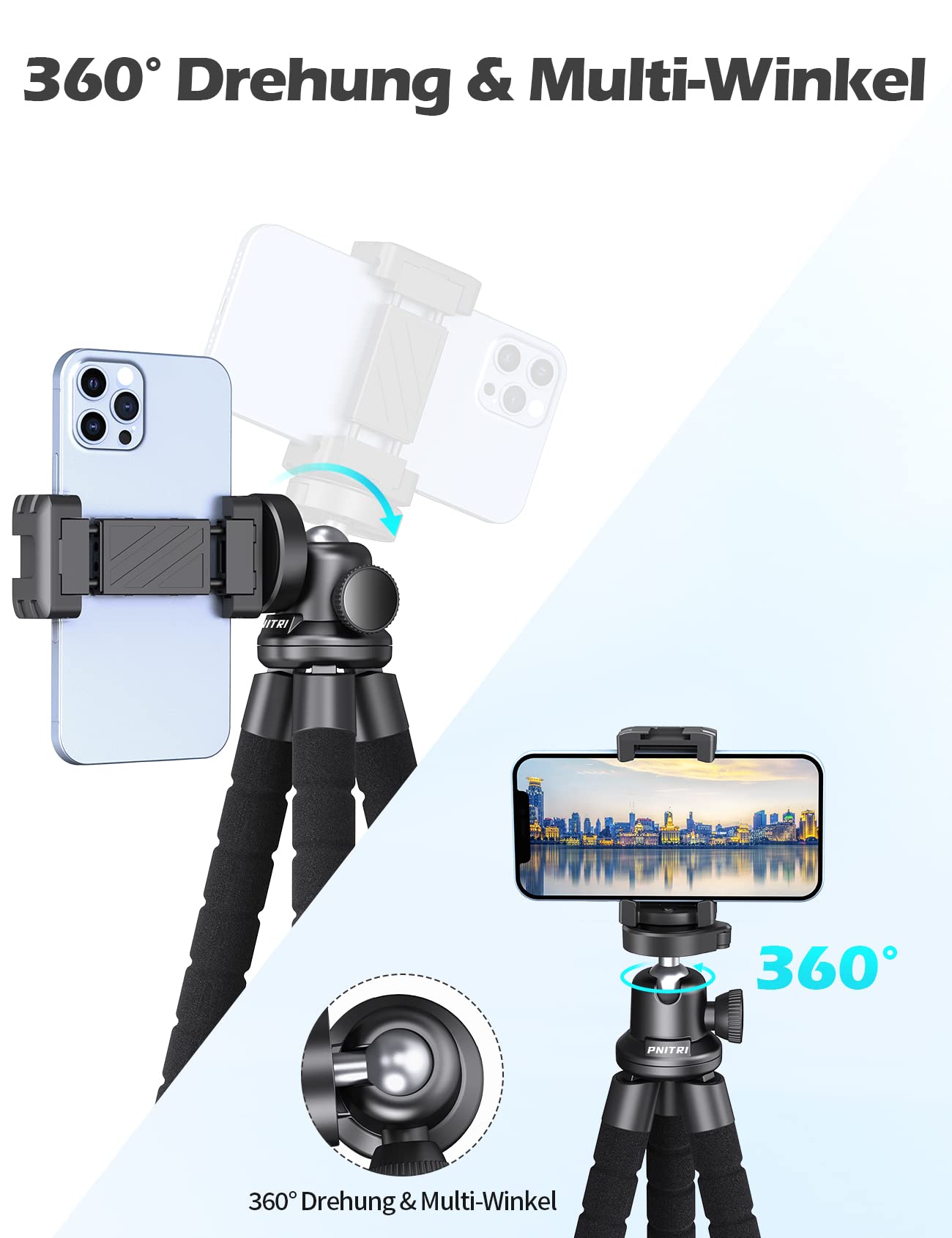 Pnitri Phone Tripod, Flexible & Portable Camera Tripod Stand With Universal Clip, 360° Rotating Tabletop Travel Tripod Holder Compatible With Smartphones Gopro And Small Camera