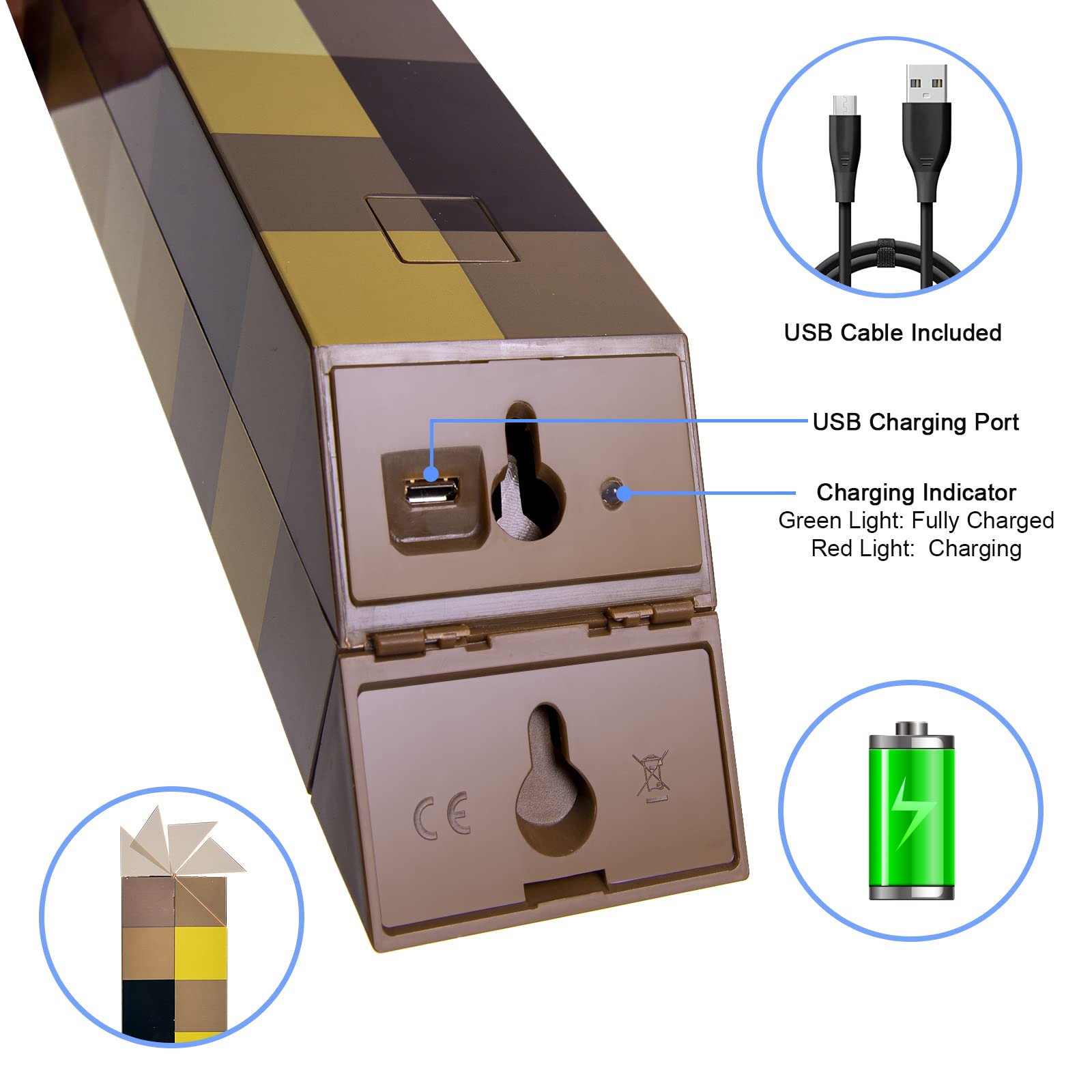 Reoyedea Pixels Brownstone Torch Light For Mounts To The Wall Or Hand Held Usb Rechargeable 11 Inch Led Slow Fade Function For Bedroom Playroom Decoration Perfect For Gamers Costume Cosplay Role Play