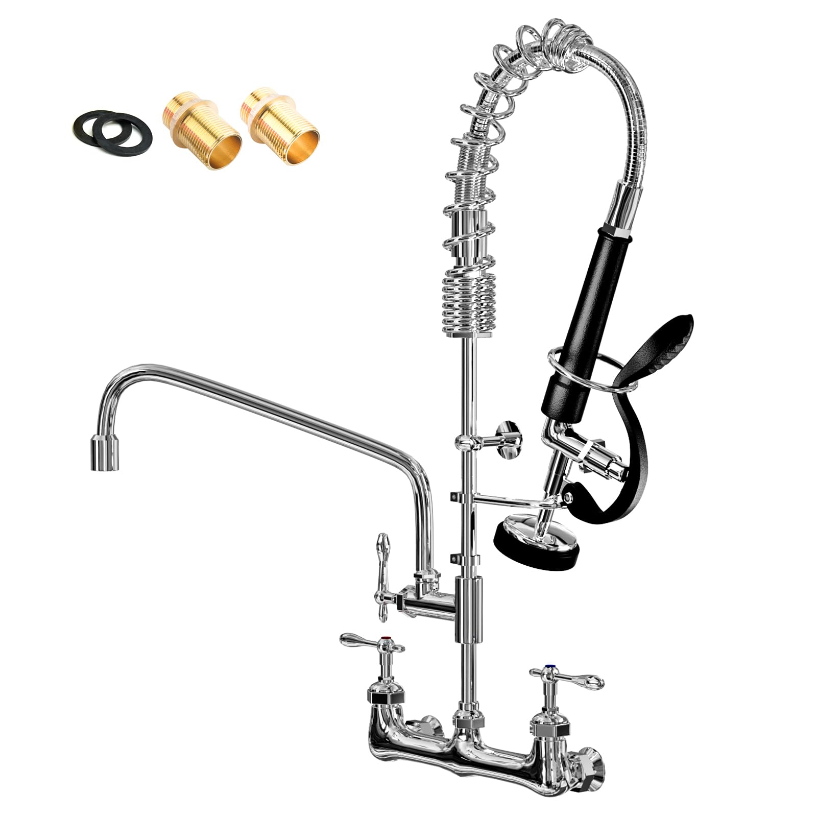 Qanbain Commercial Sink Faucet,Commercial Faucet With Sprayer Adjustable Center Wall Mounted Restaurant Faucets,12" Spout Andpull-Down Pre-Rinse 25” Height Suitable For 1, 2 Or 3 Sinks