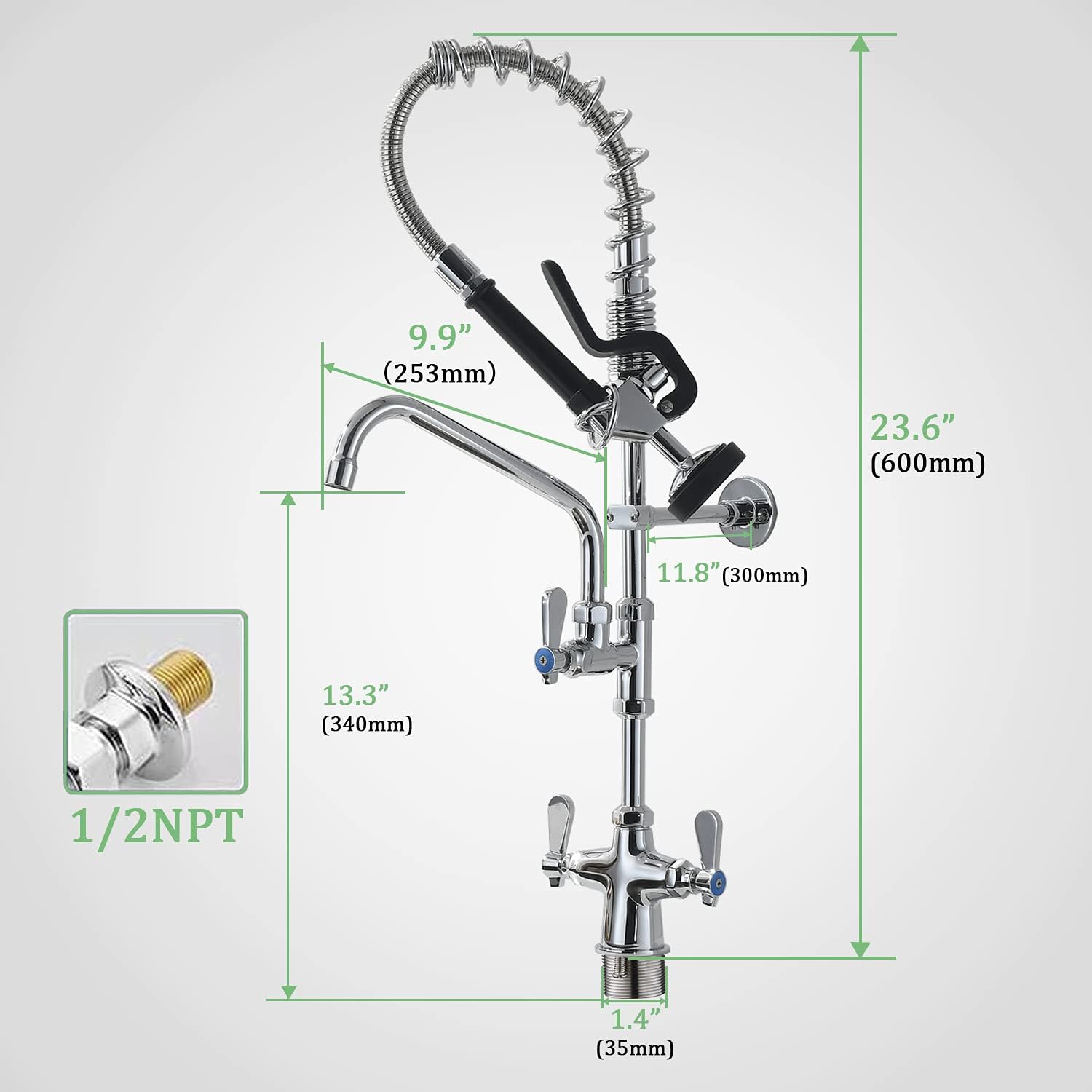 Appaso Commercial Faucet With Pre-Rinse Sprayer, 25'' Height Deck Mount Single Hole Polished Chrome Pull Down Compartment Sink Faucet With 10'' Swivel Spout For Restaurant Industrial 294Cp