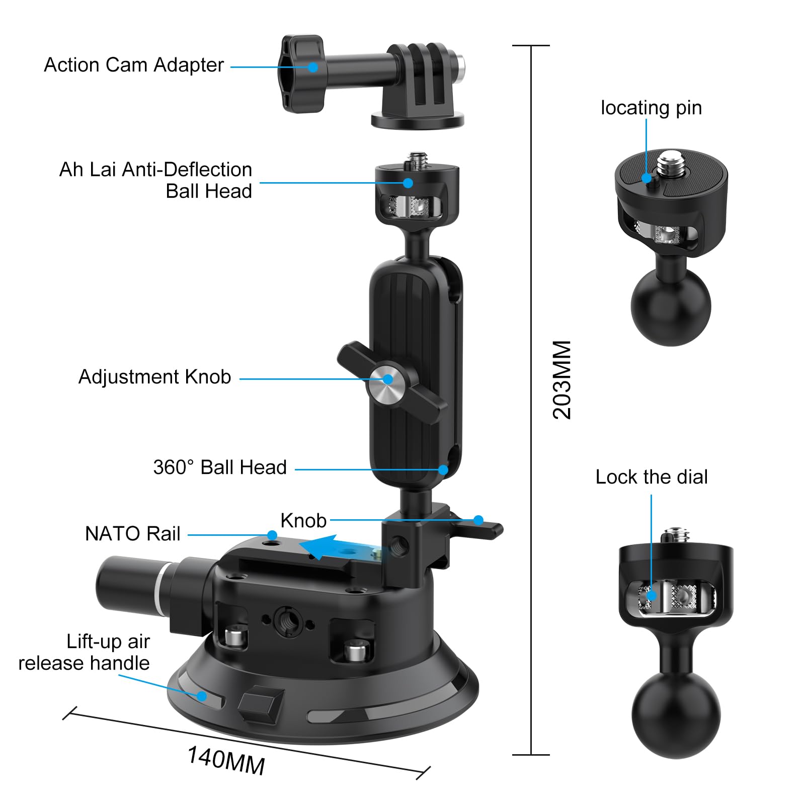 Taisioner Camera Suction Cup Mount 4.5In Pump-Actived Vacuum Suction Mount With Ball Headquick Release Magic Arm Metal Suction Cup Mount On Car Boat Windshield Window Camera/Action Camera/Phone Holder