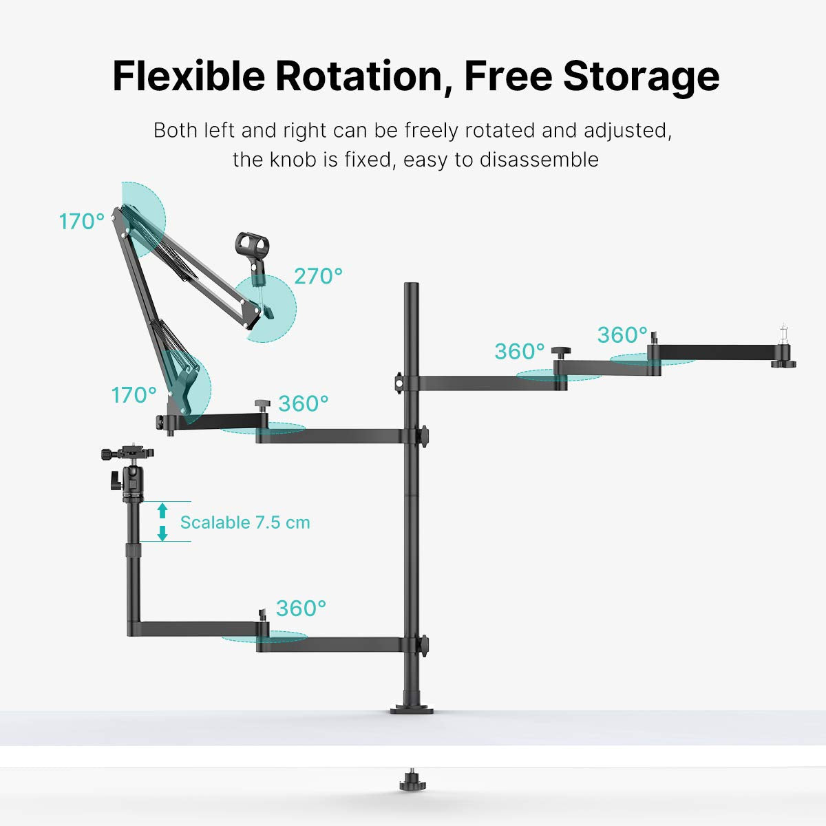 Pictron Live Broadcast Boom Arm, Ulanzi Flexible Desk Mount Camera Arm Clamp Webcam Stand, Microphone Boom Arm For Blue Yeti Snowball Yeti Nano, Webcam, Camera, Led Light, Voice Recording, Podcasting
