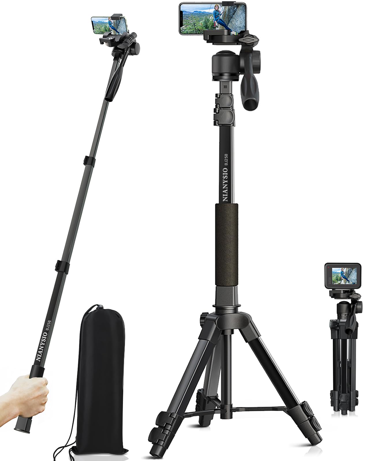 Nianyiso Professional Camera Tripod 66.7 Inch Portable Tripod For Photography, Heavy Duty Aluminum Phone Tripods, Compatible With Camera And Iphone For Video Shooting Travel