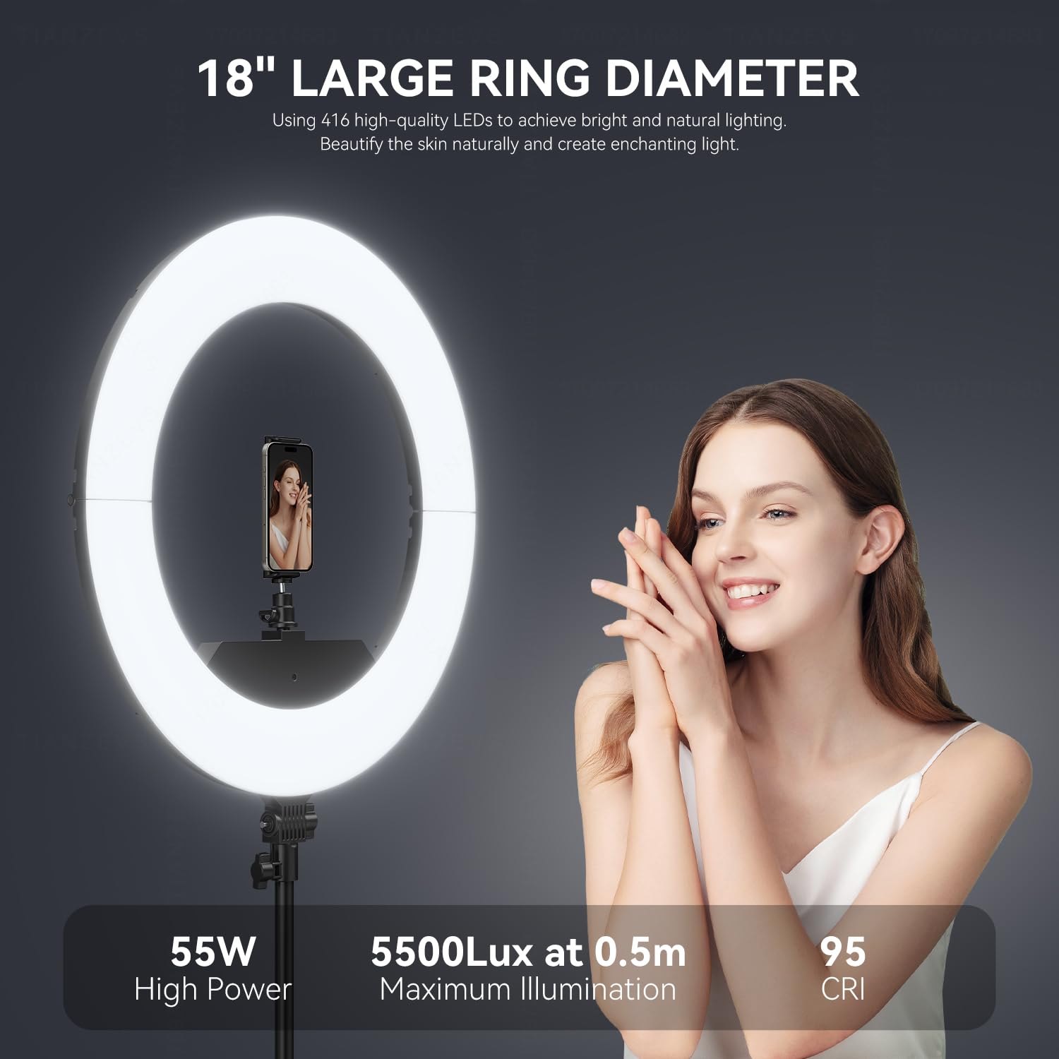 Xianyanbao 18 Inch Ring Light Kit, 55W6700K Dimmable Led Light, Tripod Stand, Remote Controller,Box,Cri95,Black