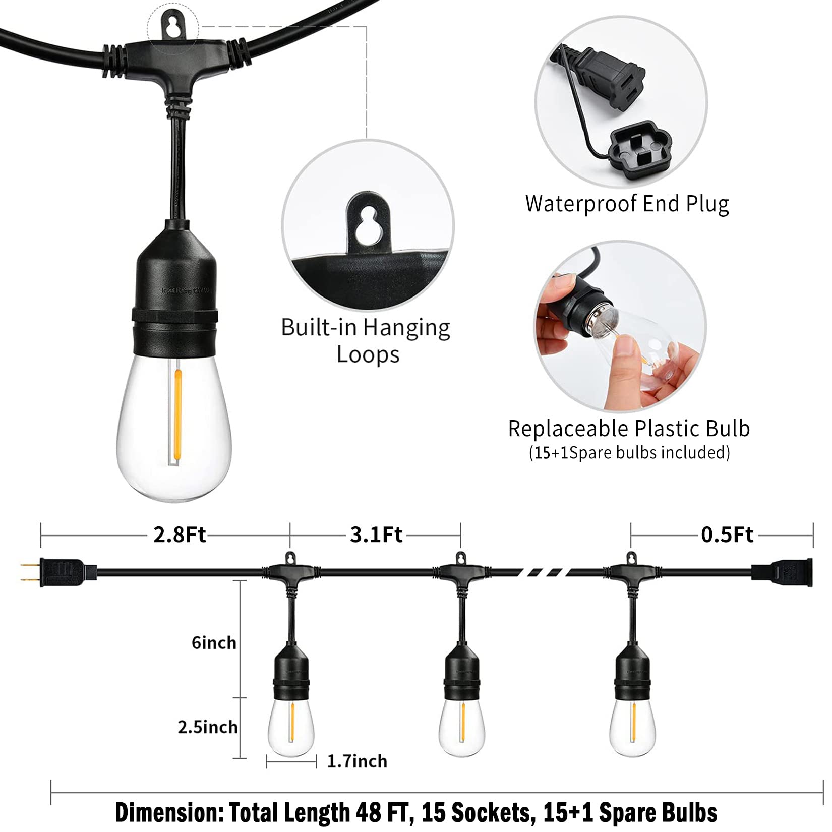 Skeerei 48Ft Outdoor String Lights - Led Heavy-Duty Waterproof Patio Lights With 16 Shatterproof Plastic 2200K Warm White Bulbs For Patio, Gazebo, Pergola, Cafe, Market, Bistro