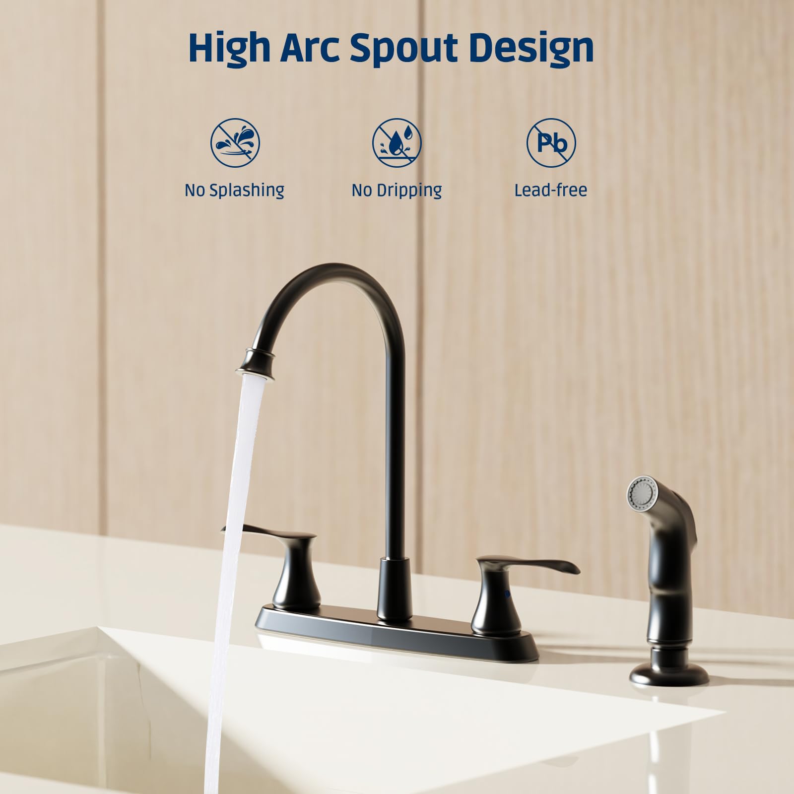Allkorma Kitchen Faucet With Side Sprayer, 2 Handles High Arc Kitchen Faucet With Pull Out Sprayer, 4 Holes 8 Inch Centerset Kitchen Sink Faucet, Stainless Steel, Matte Black