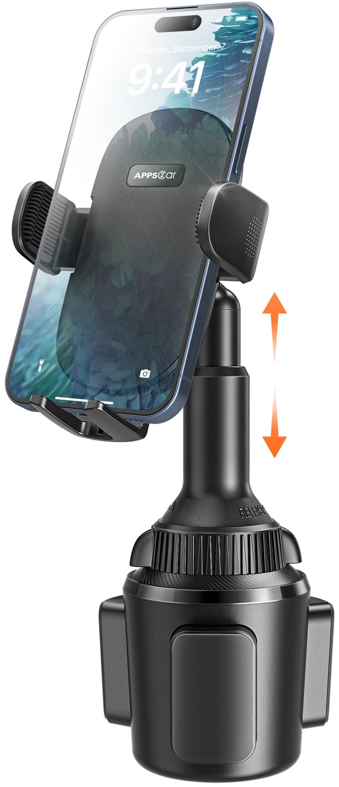 Apps2Car Universal Car Cup Phone Holder  Quick Extension Long Arm  360° Swivel  Adjustable For Iphone, Samsung, Google, And All Smartphones  Stable & No Shake Design