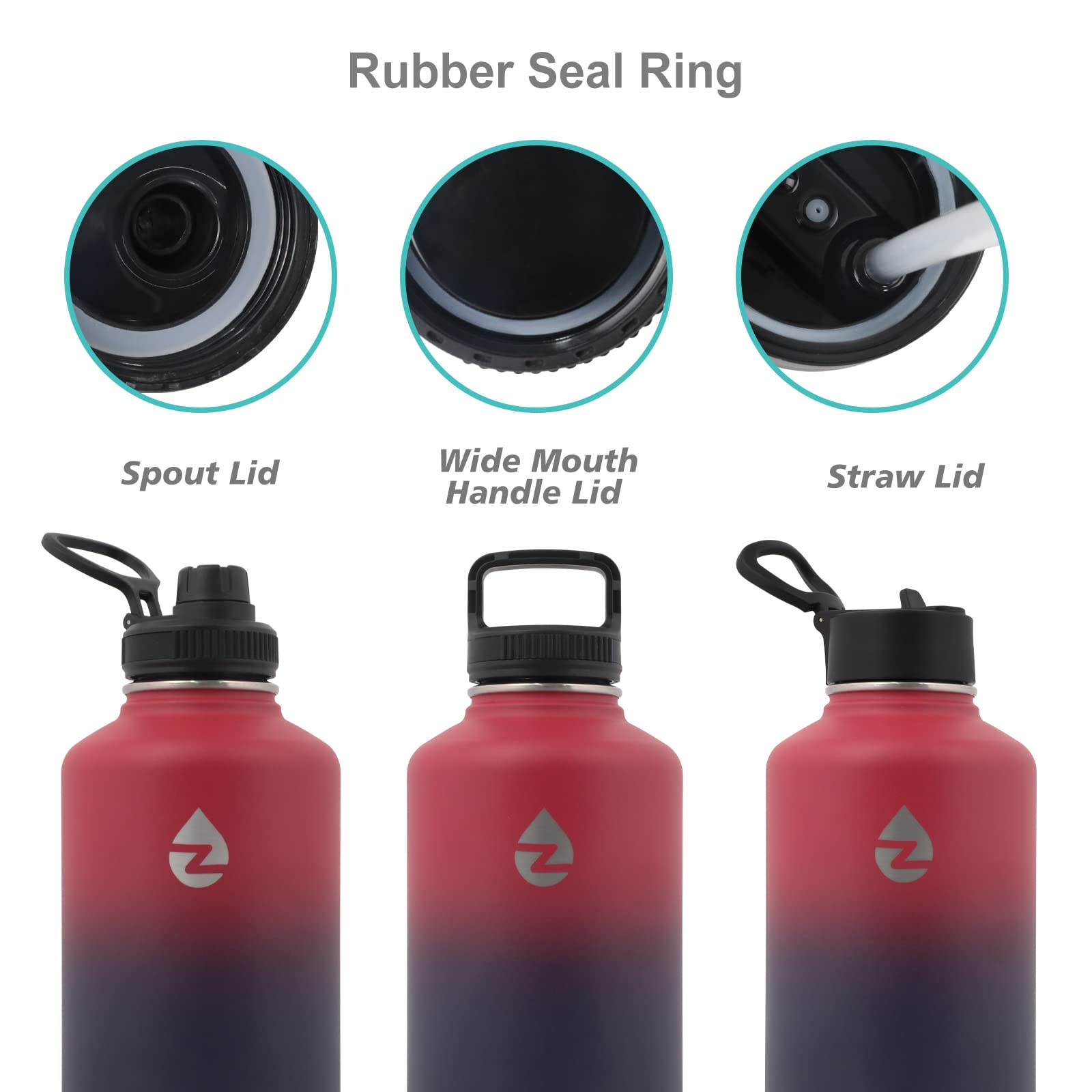 64 Oz Insulated Water Bottle With Straws&3 Lids, Zakvop Half Gallon Water Bottle Stainless Steel