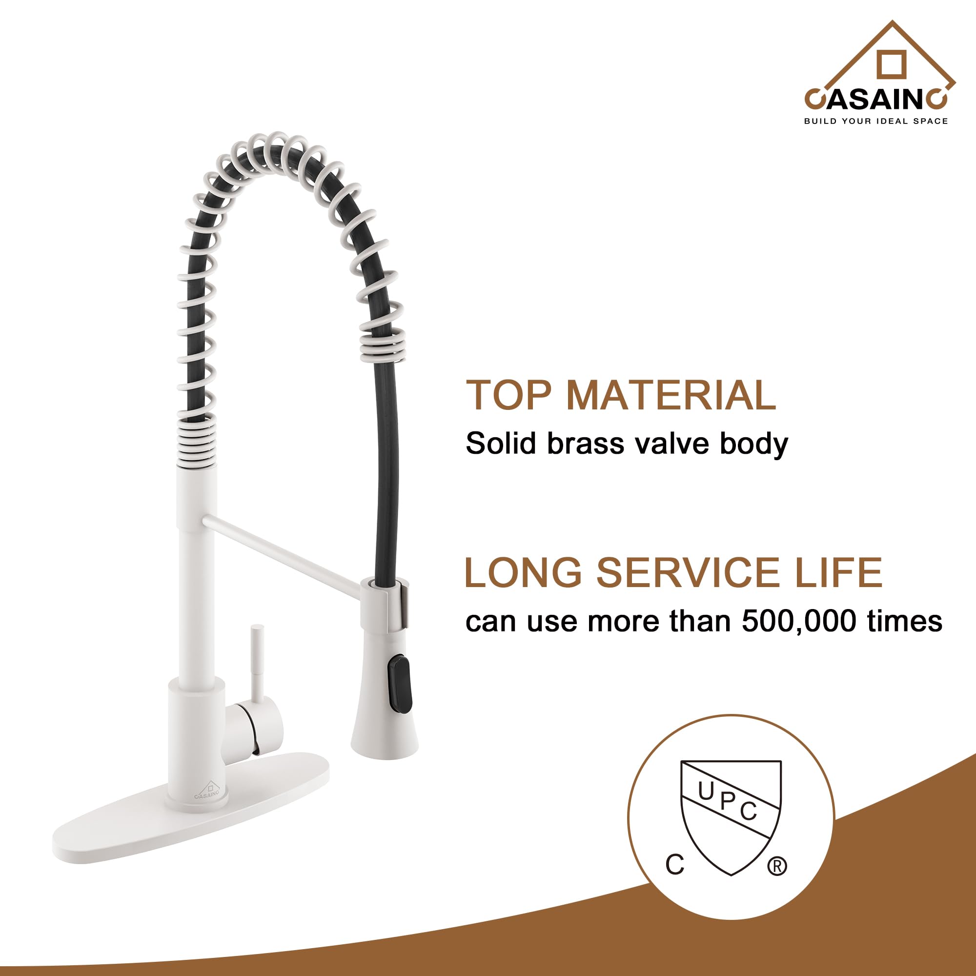 Casainc Kitchen Faucet Matte White，1.8 Gpm Spring Single Handle Kitchen Sink Faucet, Lead- Copper High Single Handle For Bar Laundry Utility Sink
