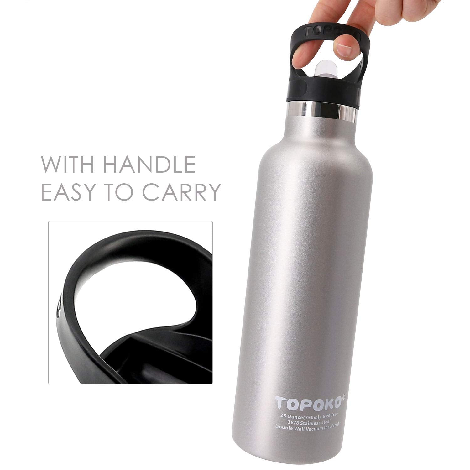 Topoko 25 Oz Double Wall Stainless Steel Water Bottle, Straw Lid With Handle, Vacuum Insulated