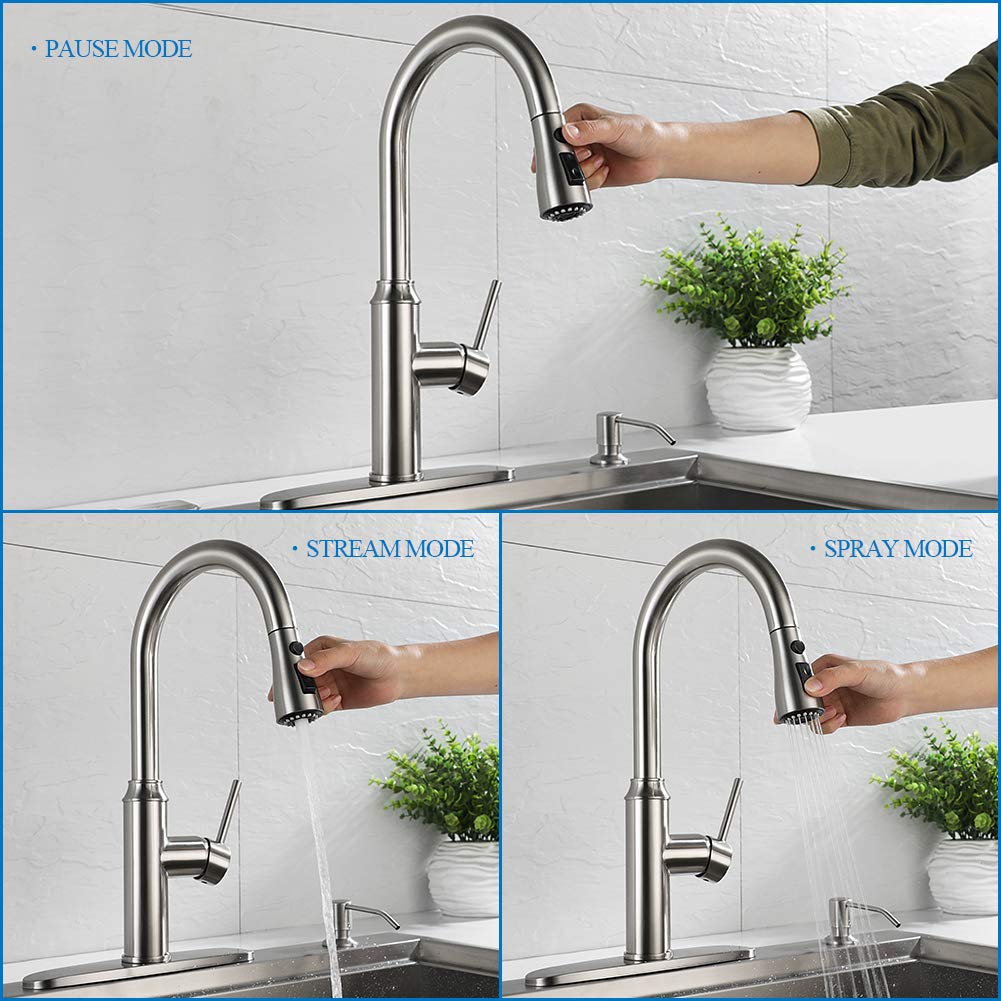Arofa Kitchen Faucet With Pull Down Sprayer - Brushed Nickel Kitchen Sink Faucets 1/3 Hole Single Handle High Arc Stainless Steel Commercial Modern Faucet A01Ly