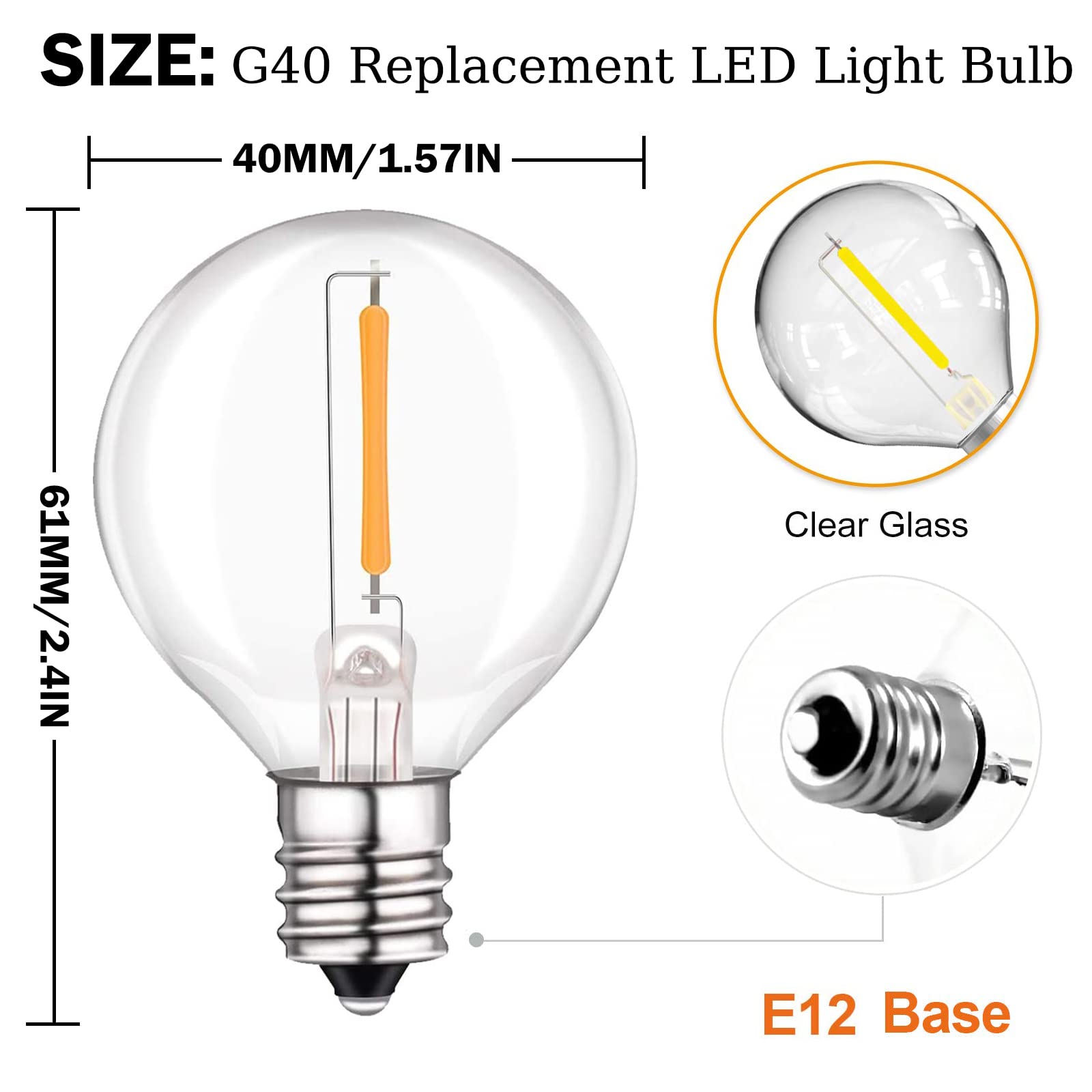 Spacelumen 2200K G40 Led Light Bulbs Replacement, 1W E12/C7 Screw Base Socket Glass Globe Warm White Light Bulbs For Indoor Outdoor String Lights 25 Pack